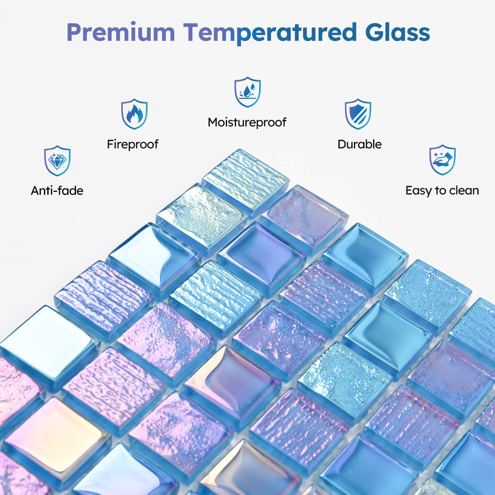 Diflart Glass Mosaic Tiles, Iridescent Blue, 1 Inch Square, Glass Linear Tile for Swimming Pool, Kitchen Backsplash, Shower Bathroom Waterline Fountain Wall, Pack of 5 Sheets