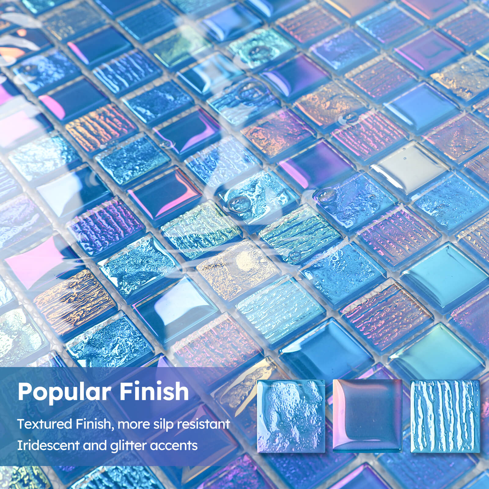 Diflart Glass Mosaic Tiles, Iridescent Blue, 1 Inch Square, Glass Linear Tile for Swimming Pool, Kitchen Backsplash, Shower Bathroom Waterline Fountain Wall, Pack of 5 Sheets