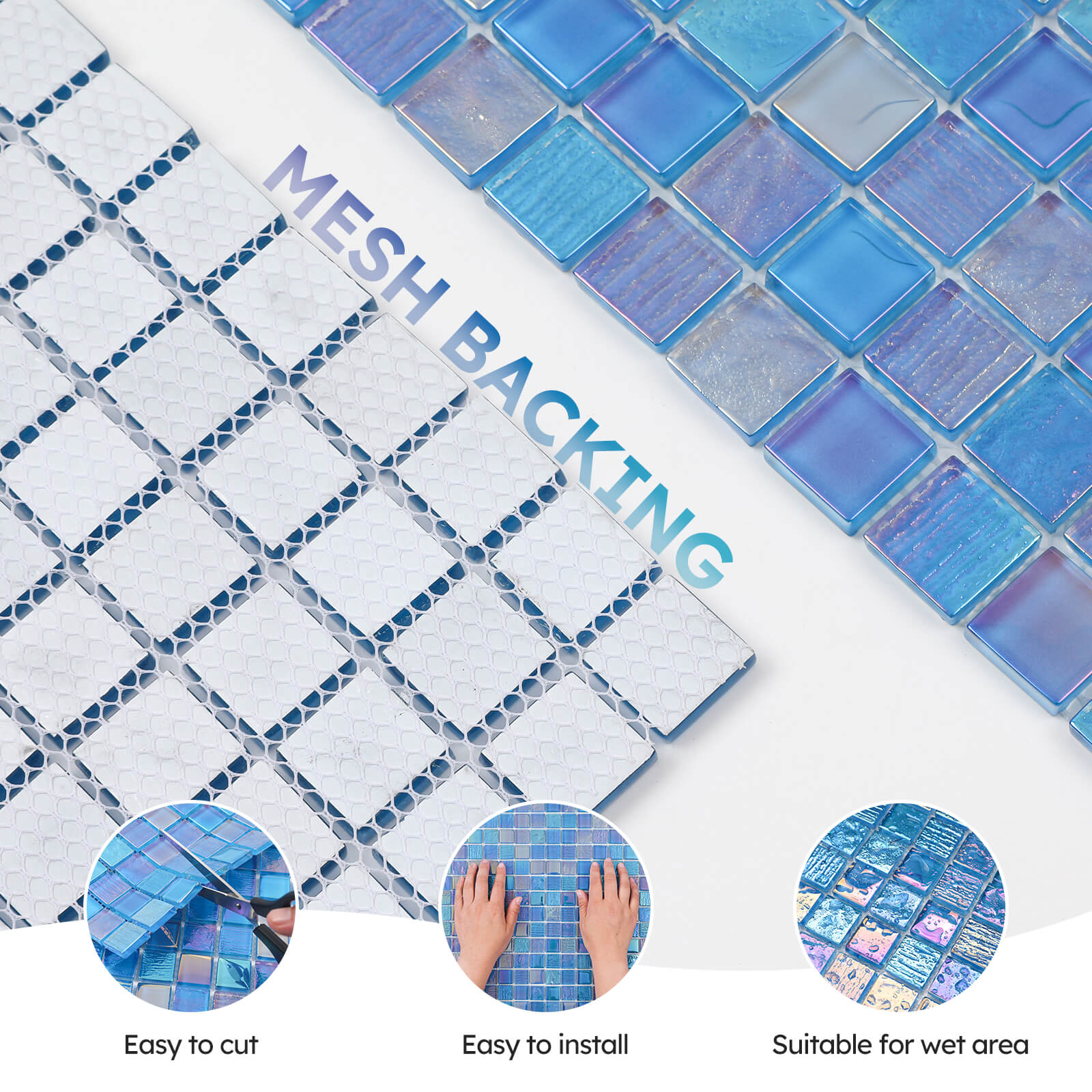 Diflart Glass Mosaic Tiles, Iridescent Blue, 1 Inch Square, Glass Linear Tile for Swimming Pool, Kitchen Backsplash, Shower Bathroom Waterline Fountain Wall, Pack of 5 Sheets