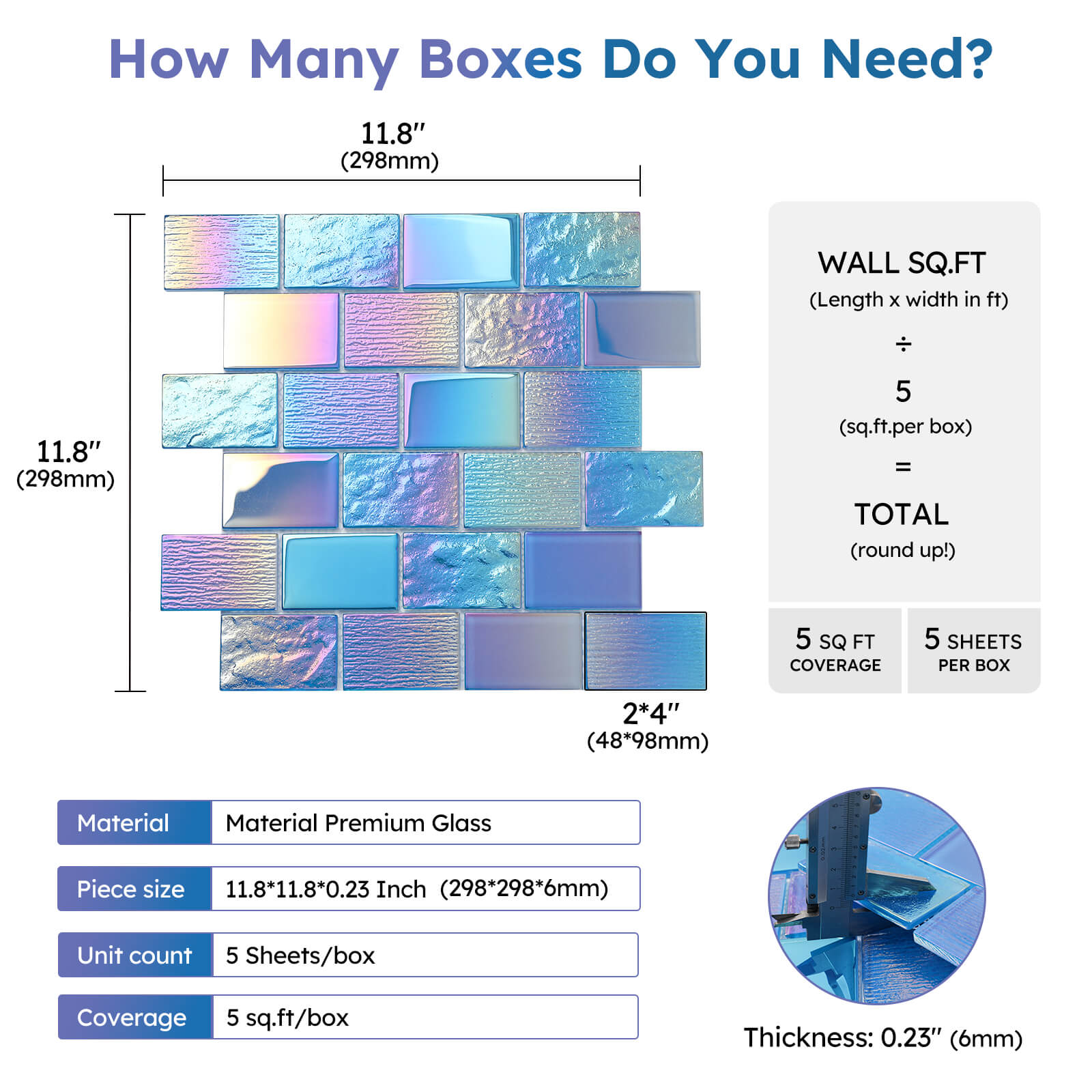 Diflart Glass Mosaic Tiles, Iridescent Blue, 2x3 Inch Brick, Glass Linear Tile for Swimming Pool, Kitchen Backsplash, Shower Bathroom Waterline Fountain Wall, Pack of 5 Sheets