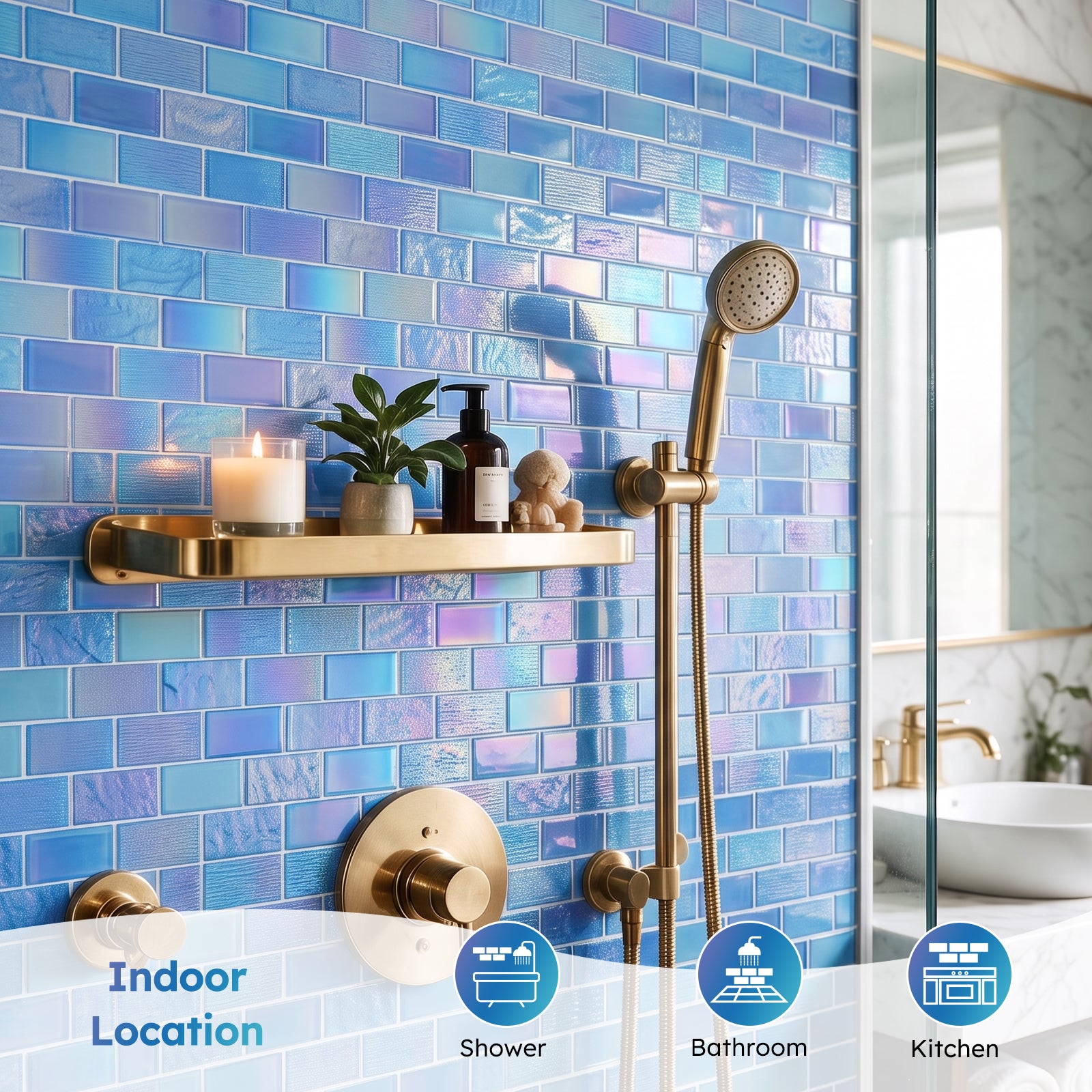 Diflart Glass Mosaic Tiles, Iridescent Blue, 2x3 Inch Brick, Glass Linear Tile for Swimming Pool, Kitchen Backsplash, Shower Bathroom Waterline Fountain Wall, Pack of 5 Sheets
