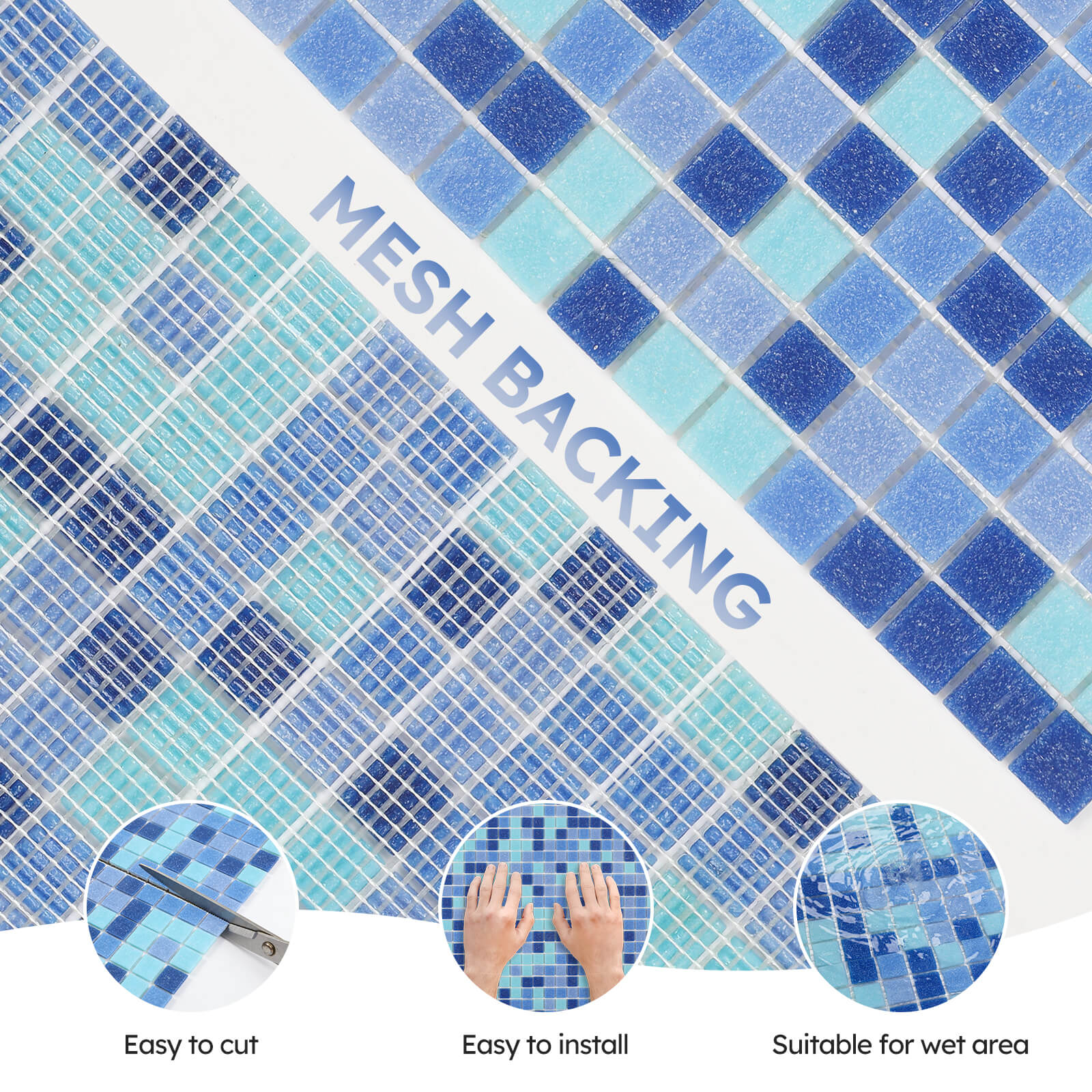 Diflart 10-Pack Glass Mosaic Tiles, Blue with Green, 1 Inch Square, Glass Linear Tile for Swimming Pool, Kitchen Backsplash, Shower Bathroom Waterline Fountain Wall