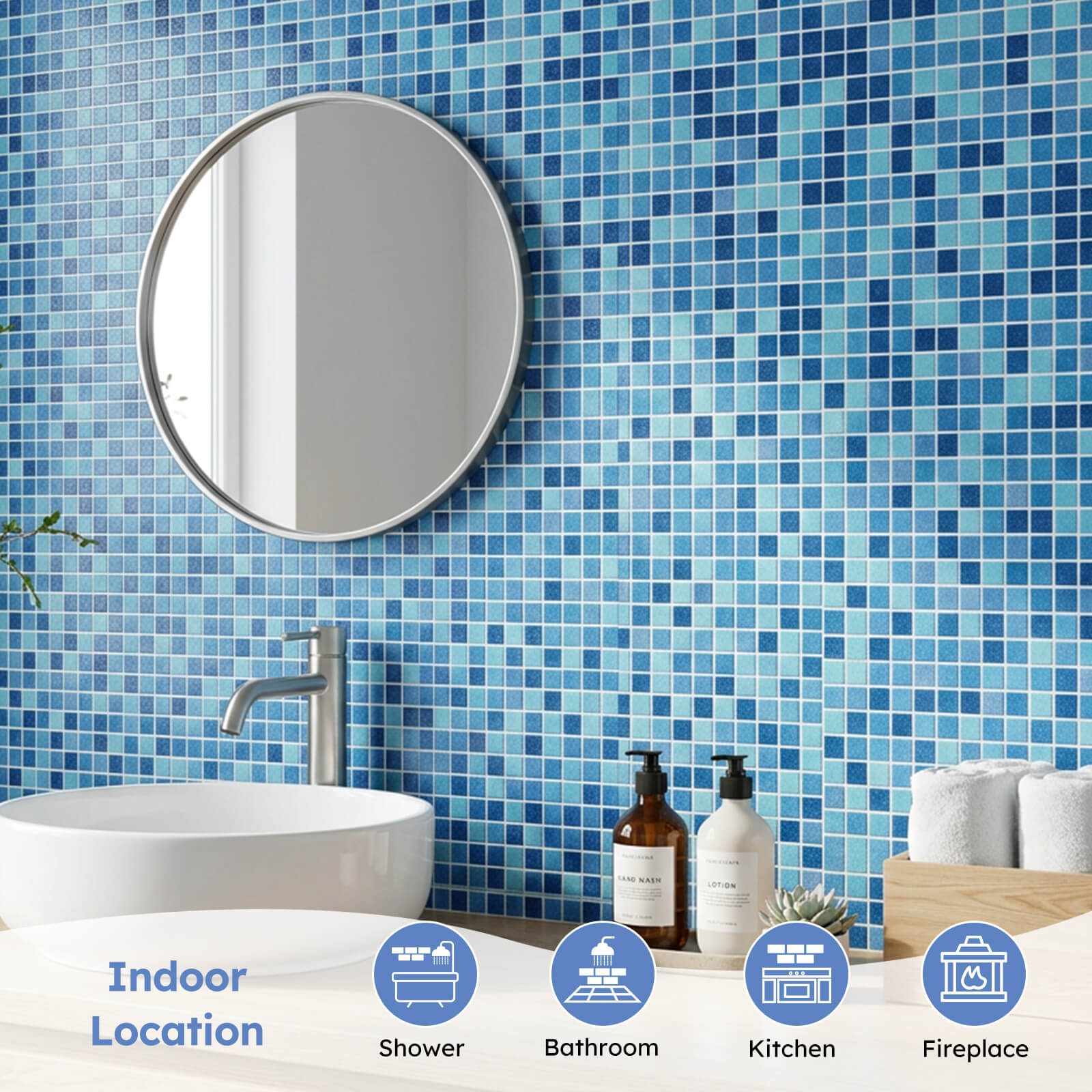 Diflart 10-Pack Glass Mosaic Tiles, Blue with Green, 1 Inch Square, Glass Linear Tile for Swimming Pool, Kitchen Backsplash, Shower Bathroom Waterline Fountain Wall