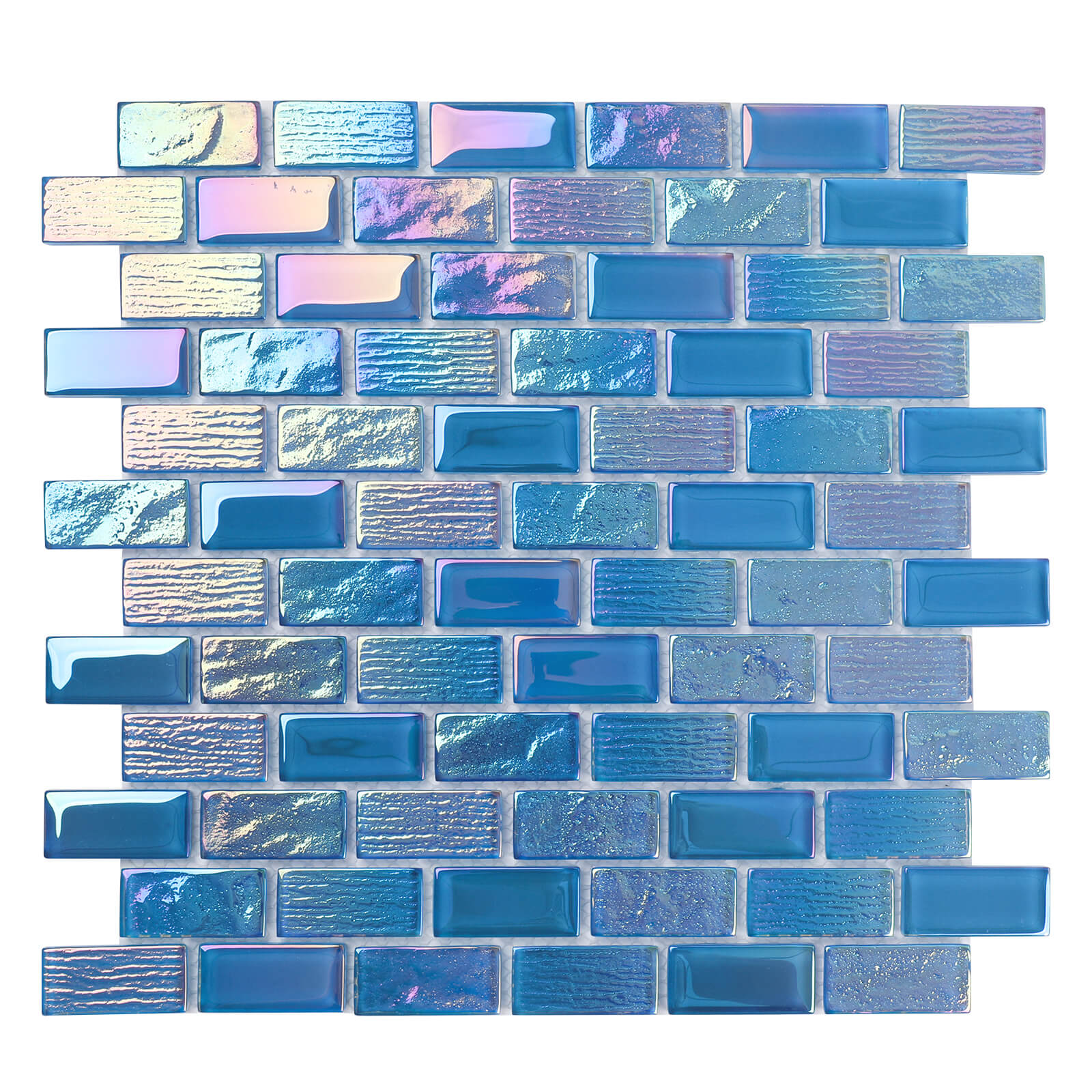 Diflart Glass Mosiac Tile, Iridescent Blue, 1x2 Inch Brick, Glass Tiles for Swimming Pool, Kitchen Backsplash, Bathroom, Shower, Fountain, Spa Wall, Pack of 5 Sheets