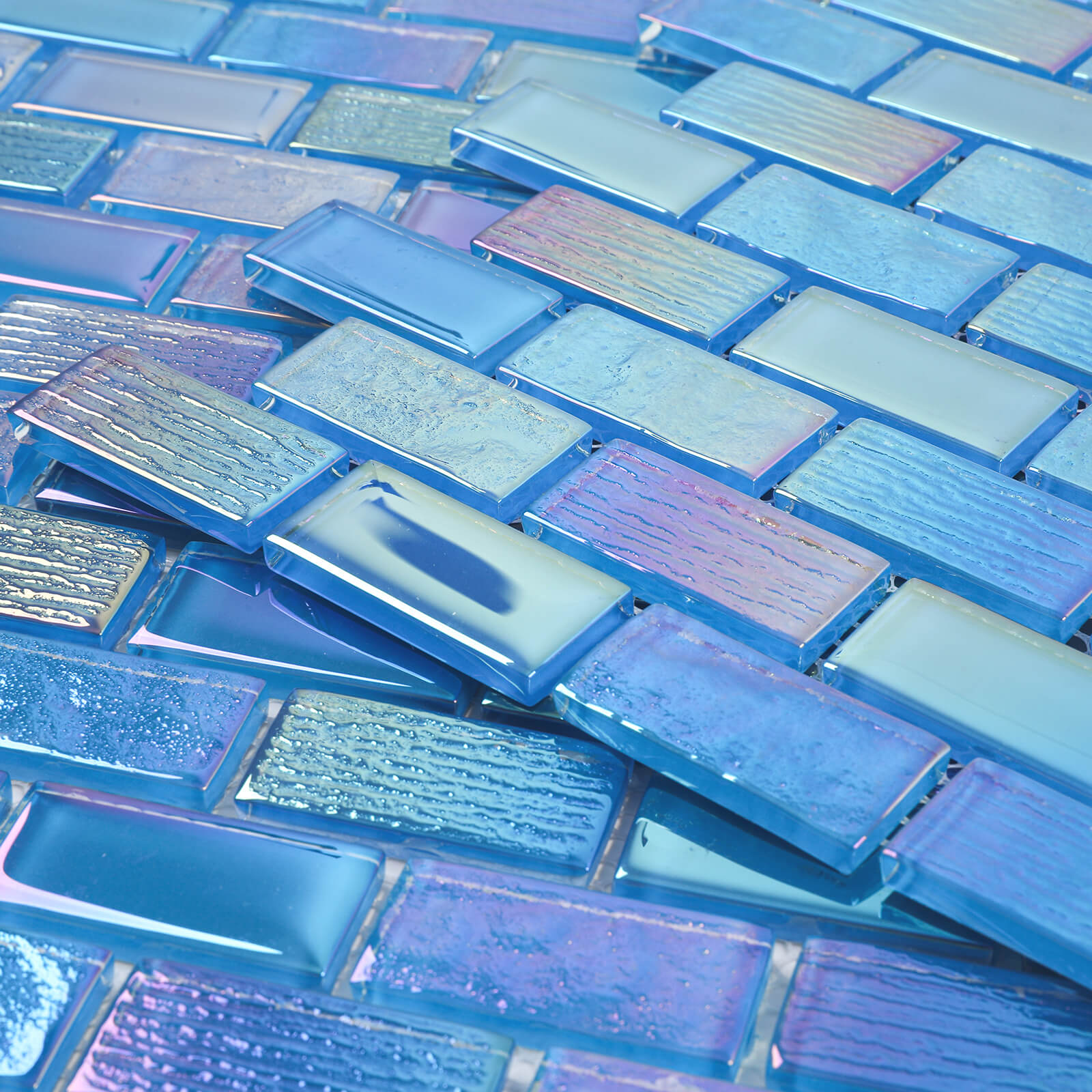Diflart Glass Mosiac Tile, Iridescent Blue, 1x2 Inch Brick, Glass Tiles for Swimming Pool, Kitchen Backsplash, Bathroom, Shower, Fountain, Spa Wall, Pack of 5 Sheets