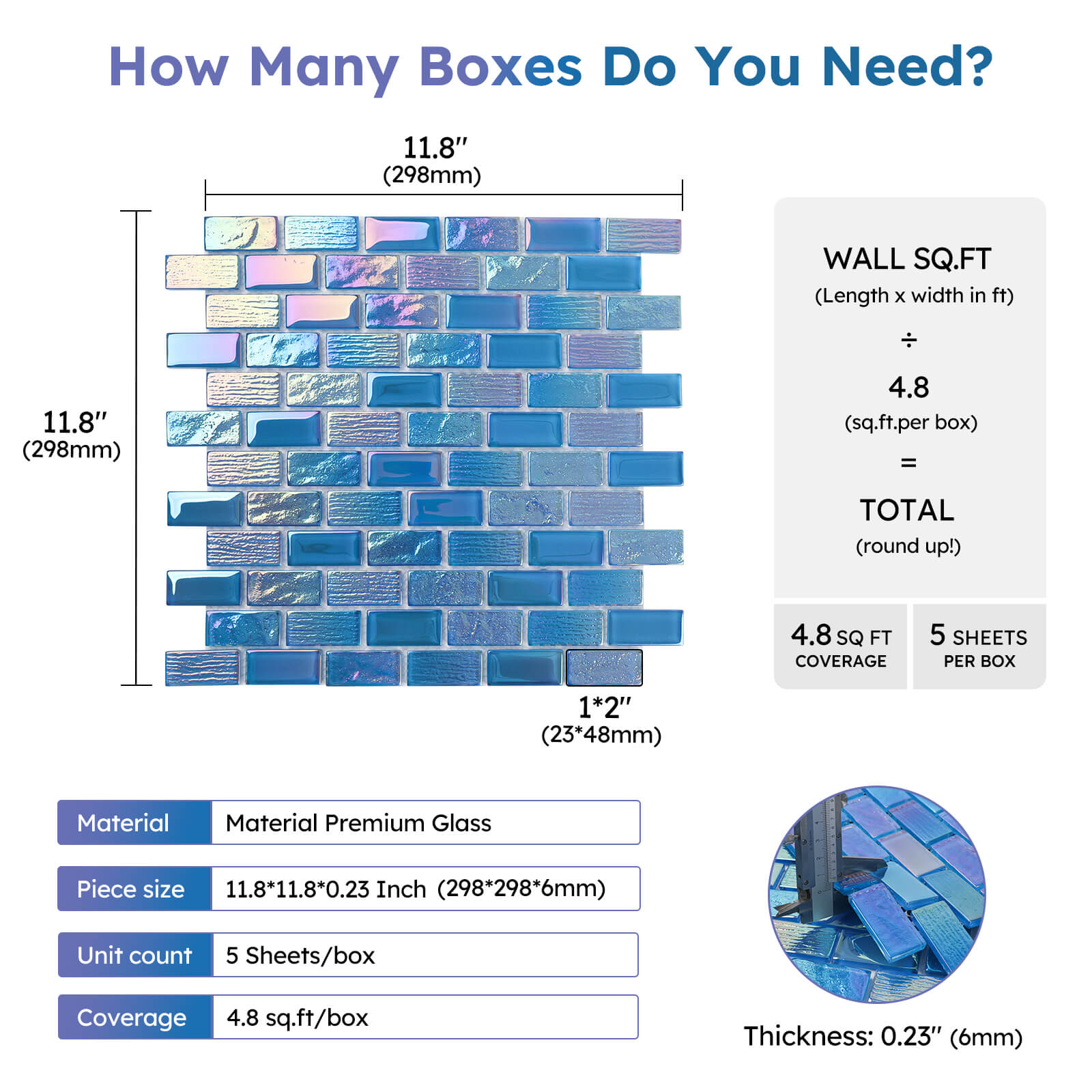 Diflart Glass Mosiac Tile, Iridescent Blue, 1x2 Inch Brick, Glass Tiles for Swimming Pool, Kitchen Backsplash, Bathroom, Shower, Fountain, Spa Wall, Pack of 5 Sheets