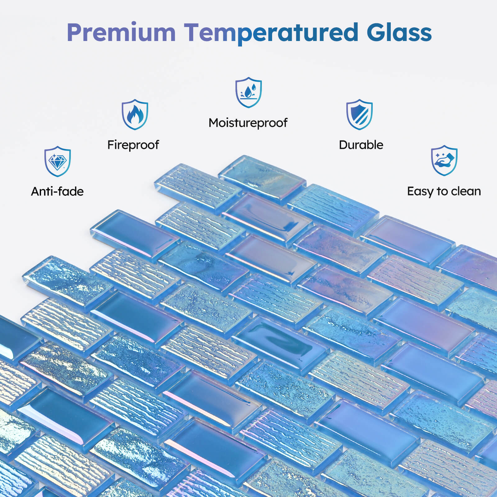 Diflart Glass Mosiac Tile, Iridescent Blue, 1x2 Inch Brick, Glass Tiles for Swimming Pool, Kitchen Backsplash, Bathroom, Shower, Fountain, Spa Wall, Pack of 5 Sheets