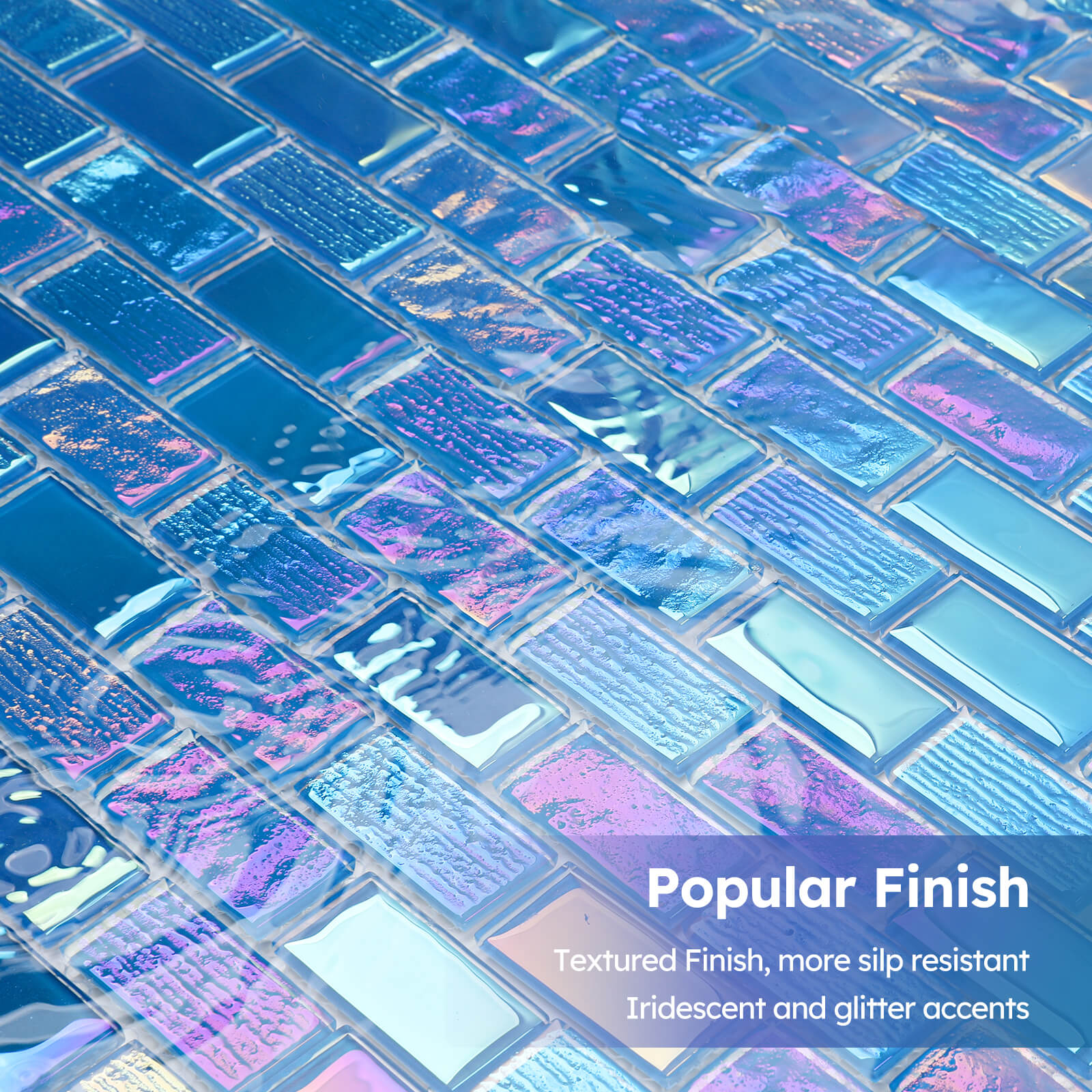 Diflart Glass Mosiac Tile, Iridescent Blue, 1x2 Inch Brick, Glass Tiles for Swimming Pool, Kitchen Backsplash, Bathroom, Shower, Fountain, Spa Wall, Pack of 5 Sheets