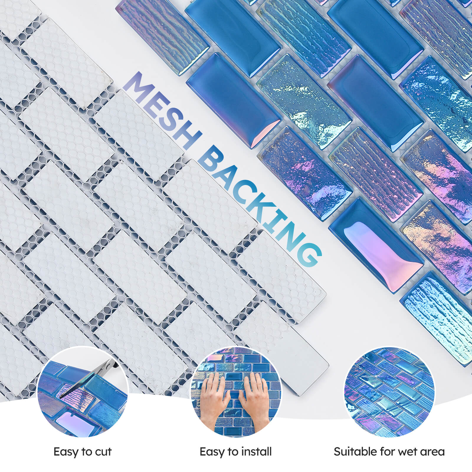 Diflart Glass Mosiac Tile, Iridescent Blue, 1x2 Inch Brick, Glass Tiles for Swimming Pool, Kitchen Backsplash, Bathroom, Shower, Fountain, Spa Wall, Pack of 5 Sheets