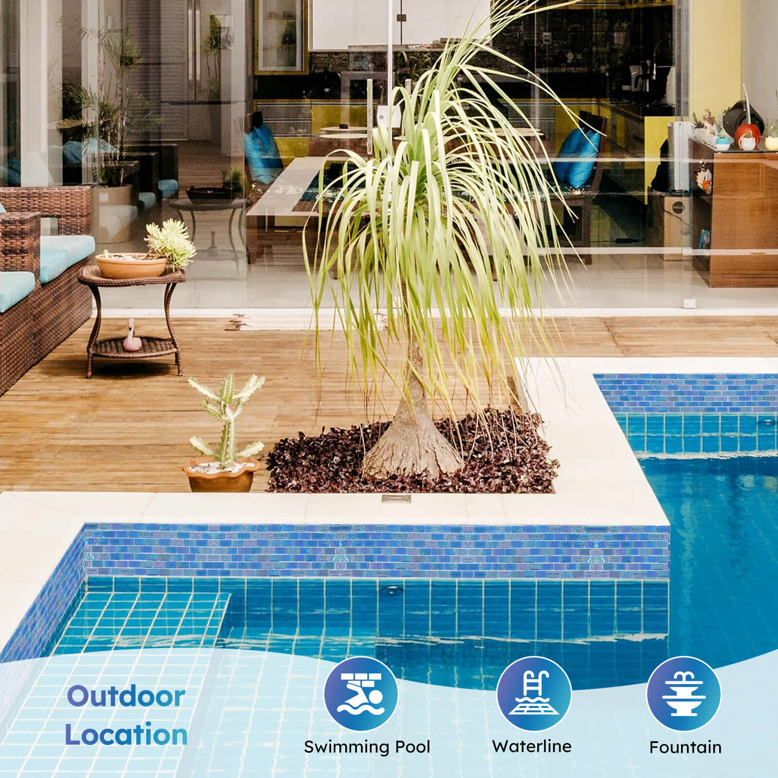 Diflart Glass Mosiac Tile, Iridescent Blue, 1x2 Inch Brick, Glass Tiles for Swimming Pool, Kitchen Backsplash, Bathroom, Shower, Fountain, Spa Wall, Pack of 5 Sheets