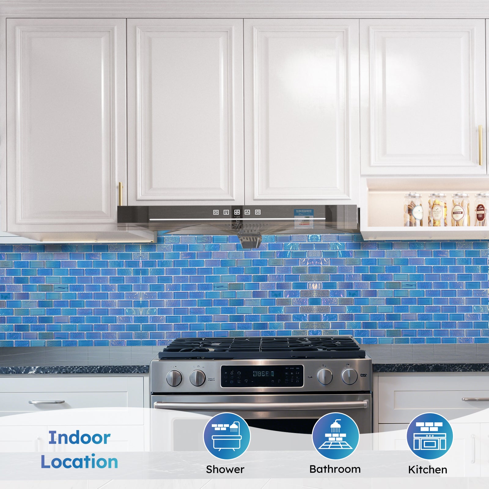 Diflart Glass Mosiac Tile, Iridescent Blue, 1x2 Inch Brick, Glass Tiles for Swimming Pool, Kitchen Backsplash, Bathroom, Shower, Fountain, Spa Wall, Pack of 5 Sheets