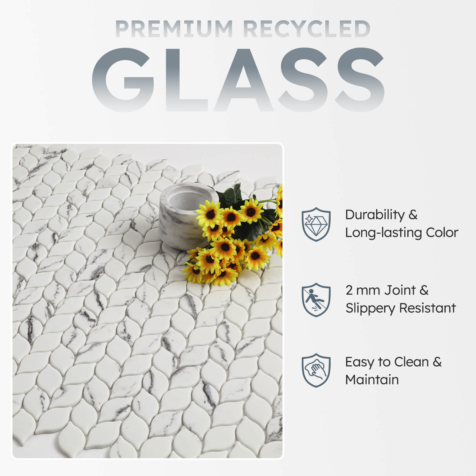 Diflart Glass Tiles Backsplash for Kitchen, White Leaf, Recycled Glass Marble Stone Looks for Bathroom, Shower Wall and Floor Tile, Pack of 5 Sheets