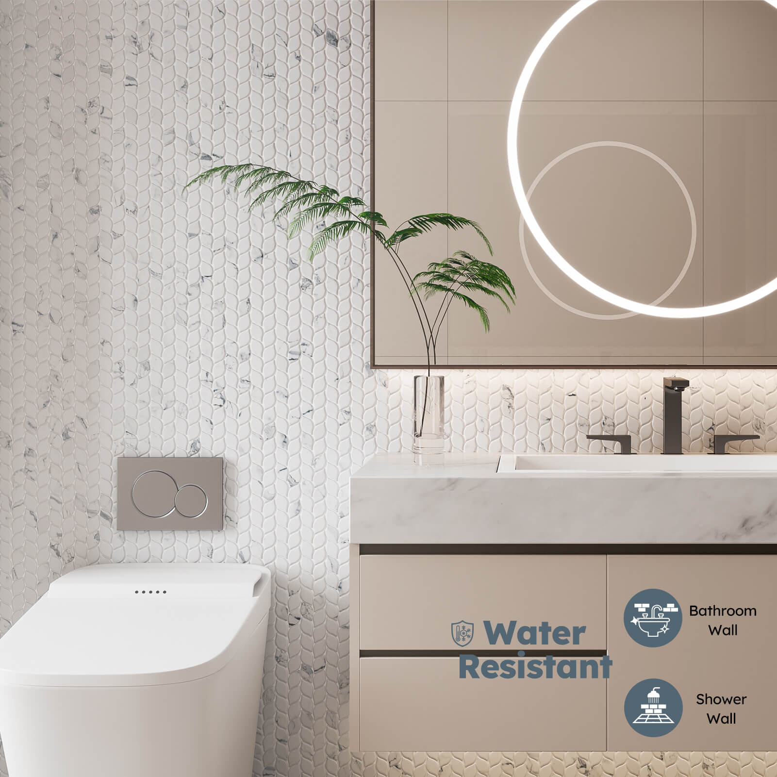 Diflart Glass Tiles Backsplash for Kitchen, White Leaf, Recycled Glass Marble Stone Looks for Bathroom, Shower Wall and Floor Tile, Pack of 5 Sheets
