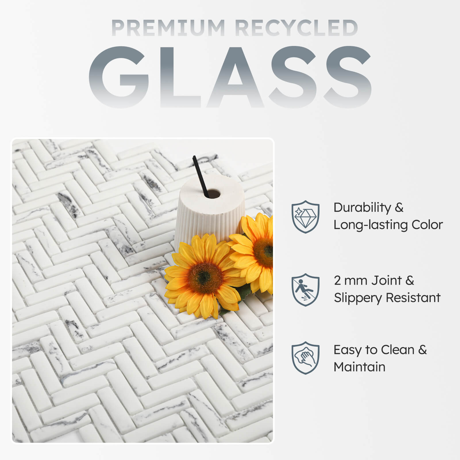 Diflart Glass Tiles Backsplash for Kitchen, White Herringbone, Recycled Glass Marble Stone Looks for Bathroom, Shower Wall and Floor Tile, Pack of 5 Sheets