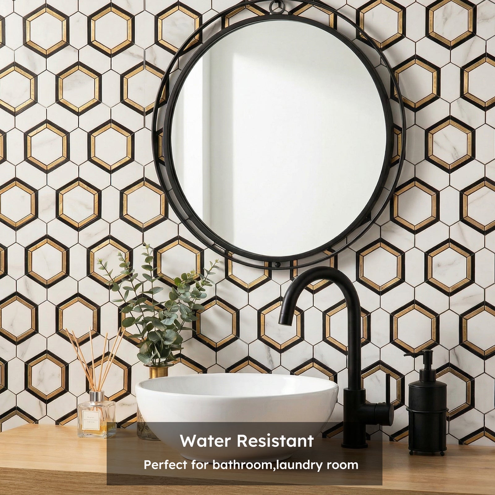 Diflart Peel and Stick Backsplash Tile, White and Gold, Hexagon, Marble Veins with PVC Mixed Metal, Stick on Backsplash for Kitchen and Bathroom,Self Adhesive Wall Tiles