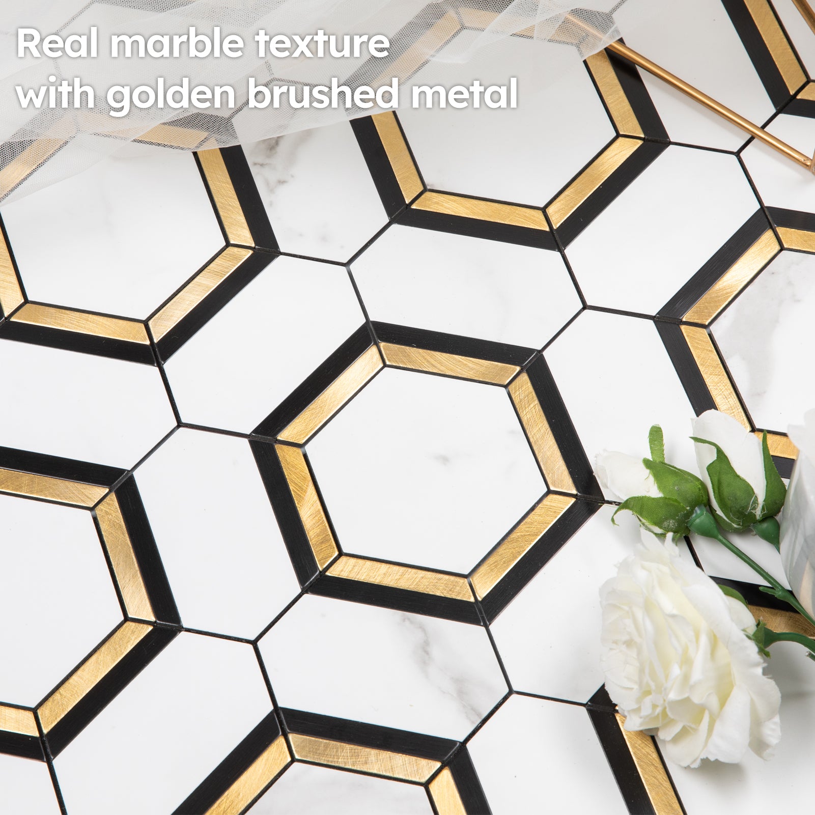 Diflart Peel and Stick Backsplash Tile, White and Gold, Hexagon, Marble Veins with PVC Mixed Metal, Stick on Backsplash for Kitchen and Bathroom,Self Adhesive Wall Tiles