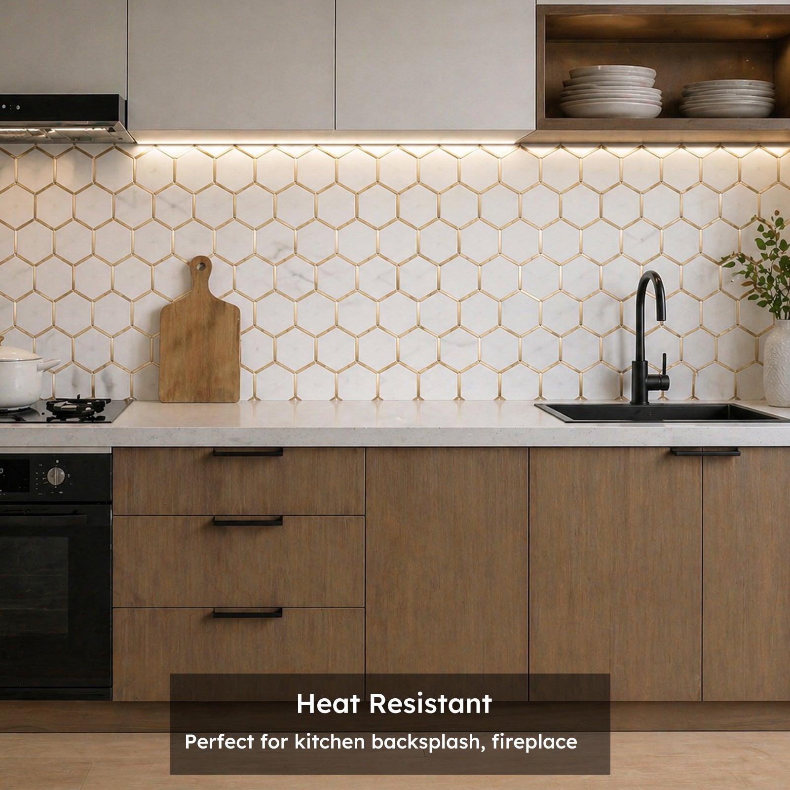 Diflart Peel and Stick Backsplash Hexagon PVC Tile Faux Marble with Gold Metal Strip for Kitchen Bathroom