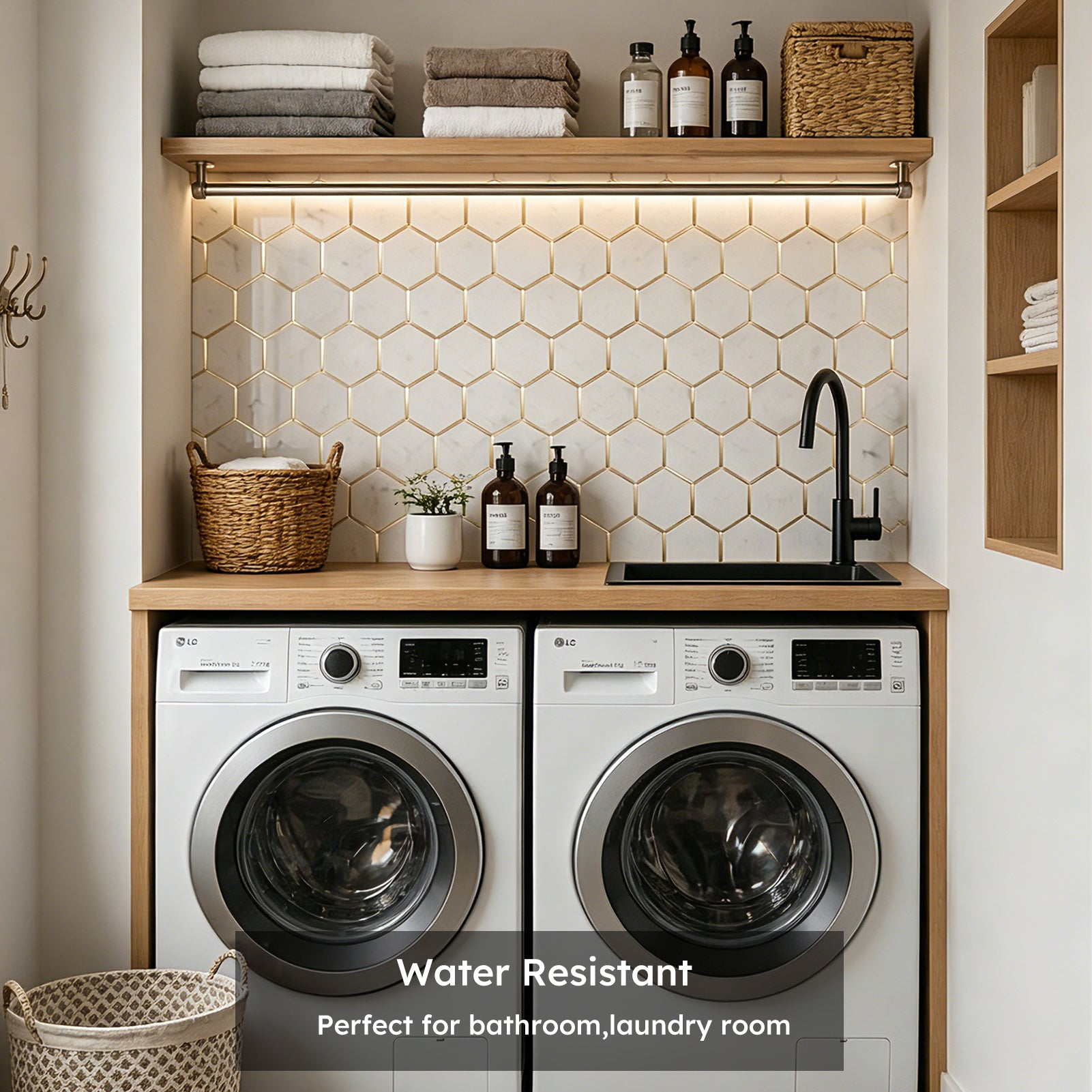 Diflart Peel and Stick Backsplash Hexagon PVC Tile Faux Marble with Gold Metal Strip for Kitchen Bathroom