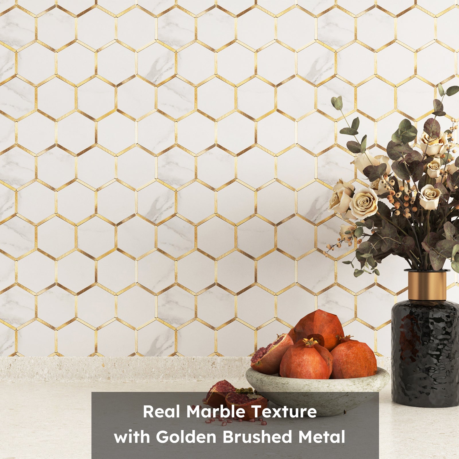 Diflart Peel and Stick Backsplash Hexagon PVC Tile Faux Marble with Gold Metal Strip for Kitchen Bathroom