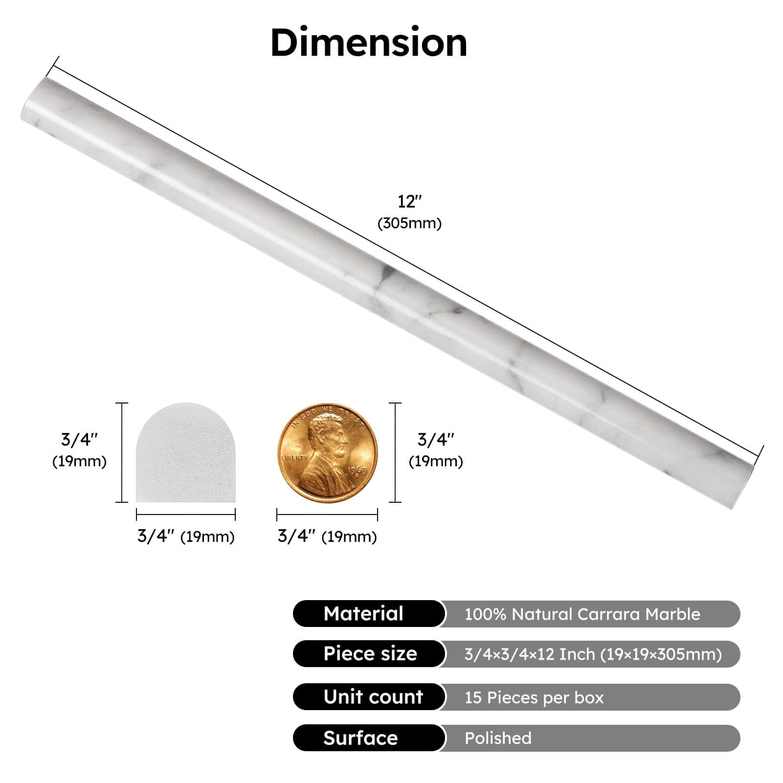 Diflart 15-Pack Carrara White Marble Pencil Liner Trim, 3/4×12 Inch, Polished, Marble Domed Tile Edging Corner Trim Molding Bullnose Tile Shower Bathroom Kitchen Livingroom