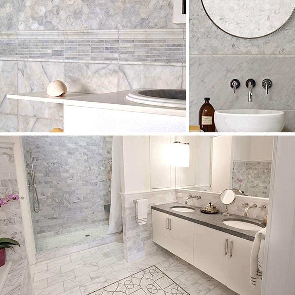 Diflart 15-Pack Carrara White Marble Pencil Liner Trim, 3/4×12 Inch, Polished, Marble Domed Tile Edging Corner Trim Molding Bullnose Tile Shower Bathroom Kitchen Livingroom