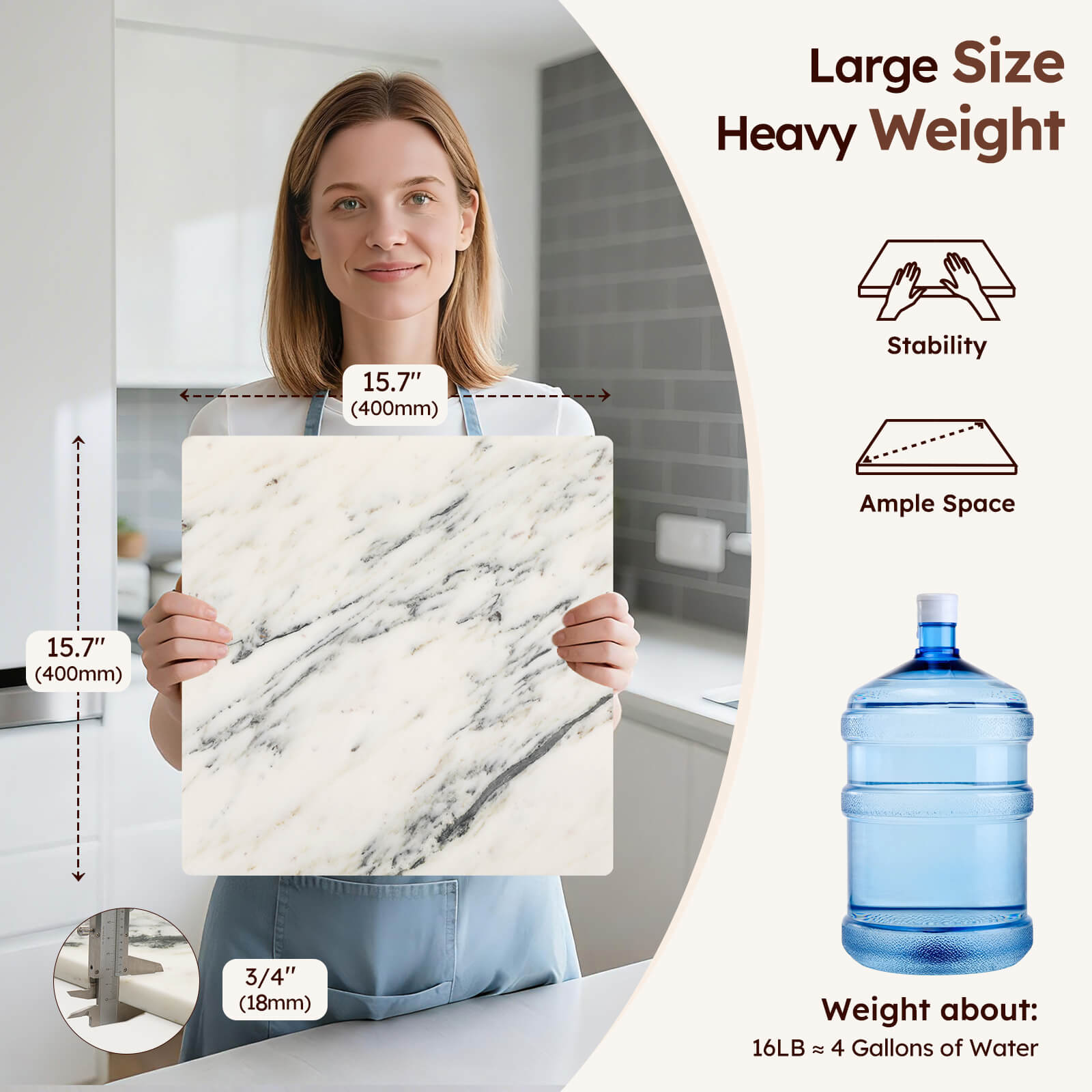 Diflart Natural Marble Stone Cutting Board for Kitchen, 16x16 Inch, Ink White, Marble Slab Pastry Board Large with Non-Slip Feet for Backing, Cheese, Chocolate, Pack of 1 Piece