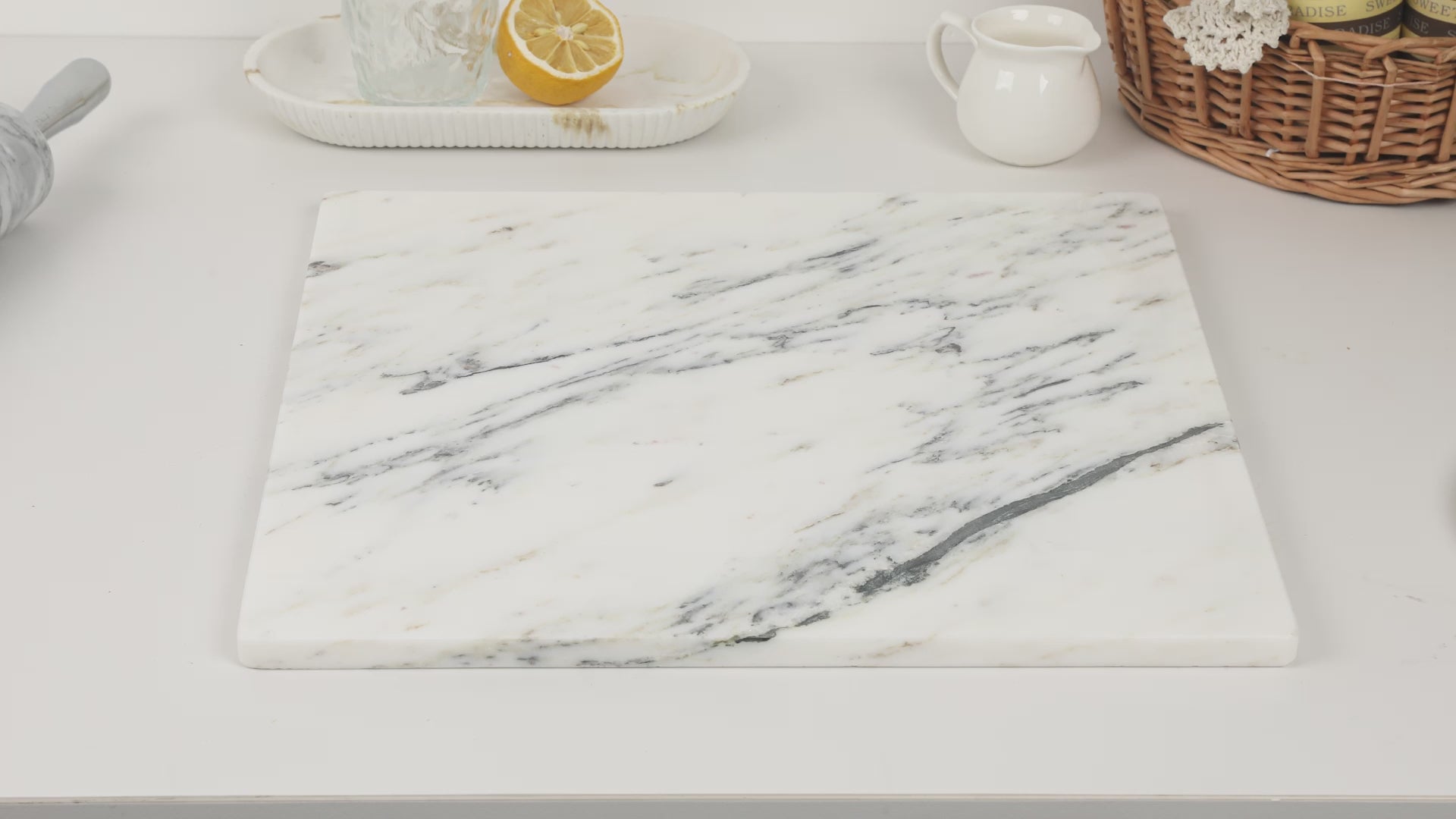 Diflart Natural Marble Stone Cutting Board for Kitchen, 16x16 Inch, Ink White, Marble Slab Pastry Board Large with Non-Slip Feet for Backing, Cheese, Chocolate, Pack of 1 Piece