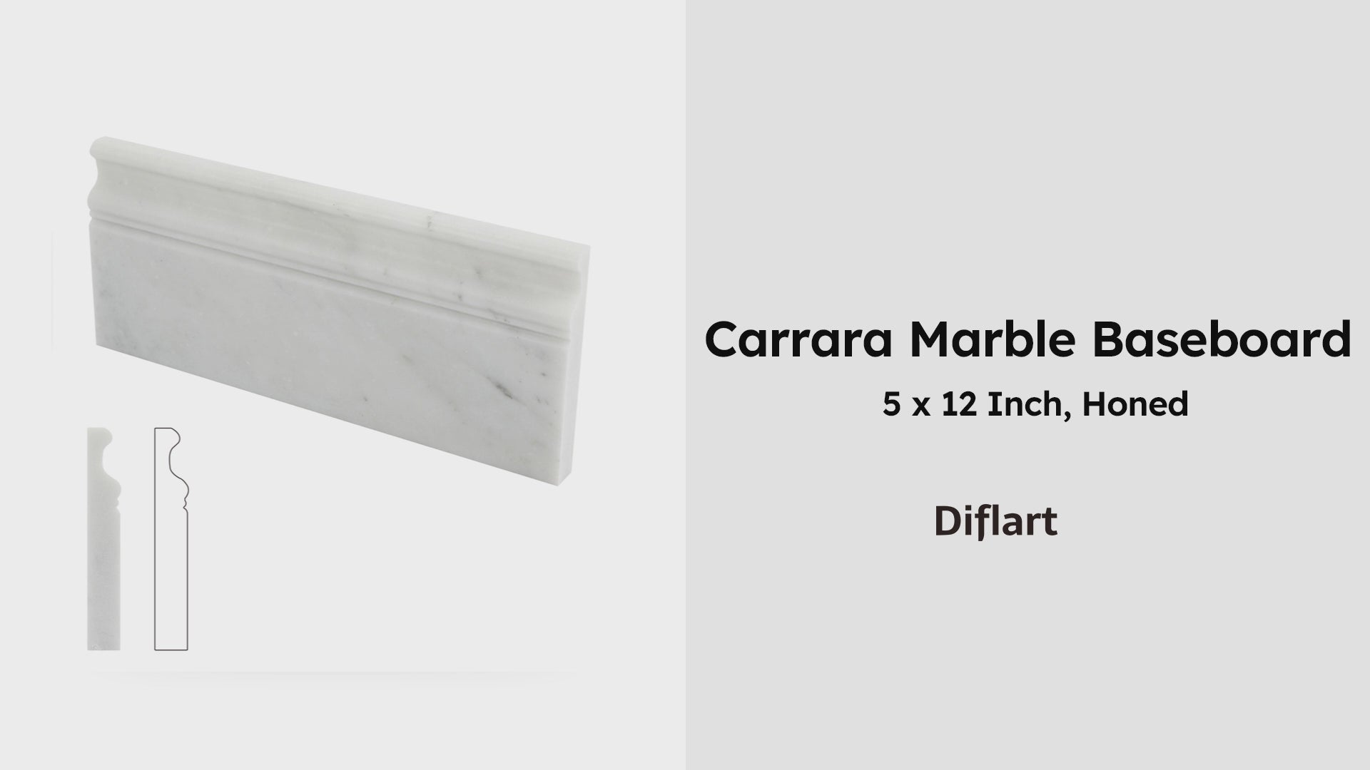 Diflart 4-Pack Carrara White Marble Baseboard Trim Molding, 5 x 12 Inch Round, Honed, Bianco Italian Carrera Marble Skirting Base Moulding for Shower Bathroom Wall Kitchen Backsplash