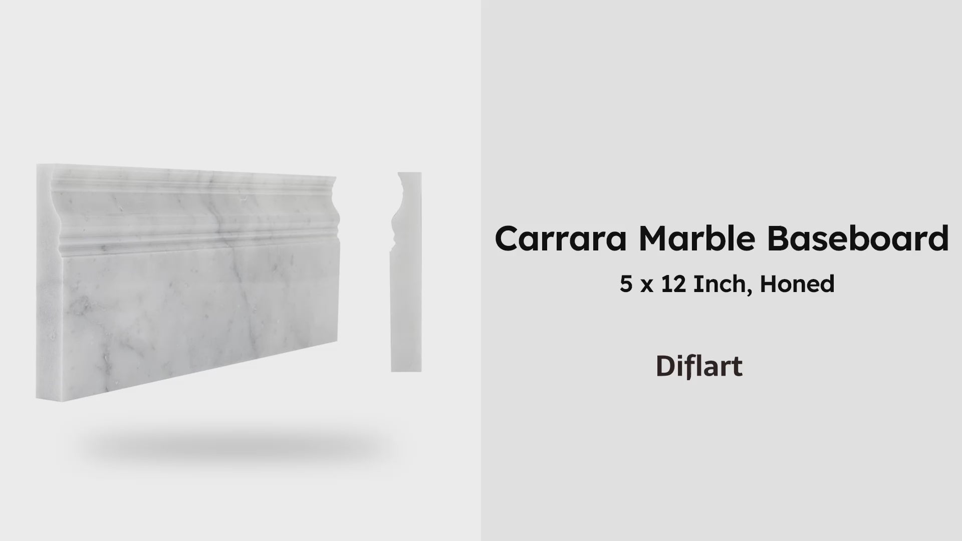 Diflart Carrara White Marble Baseboard Molding Trim, 5x12 Inch, Honed, Bianco Italian Carrera Skirting Base Moulding for Bathroom Wall and Kitchen Backsplash (Crown, Honed)