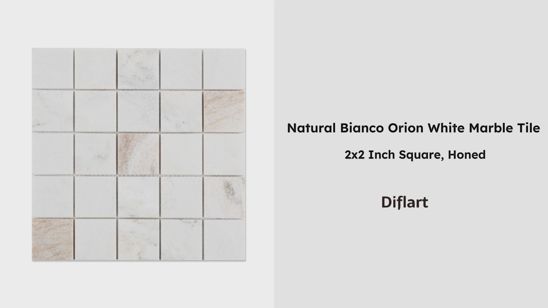 Diflart Natural Marble Mosaic Tile, 2x2 Inch Square, Honed, Bianco Orion White Marble Backsplash Tiles for Kitchen Bathroom Wall Floor, Pack of 5 Sheets
