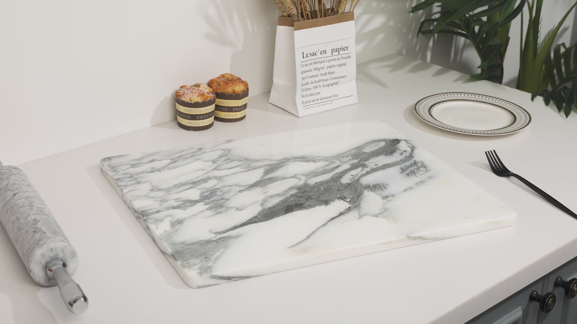 Diflart Natural Marble Stone Cutting Board for Kitchen, 16x20 Inch, Ink White, Marble Slab Pastry Board Large with Non-Slip Feet for Backing, Cheese, Chocolate, Pack of 1 Piece