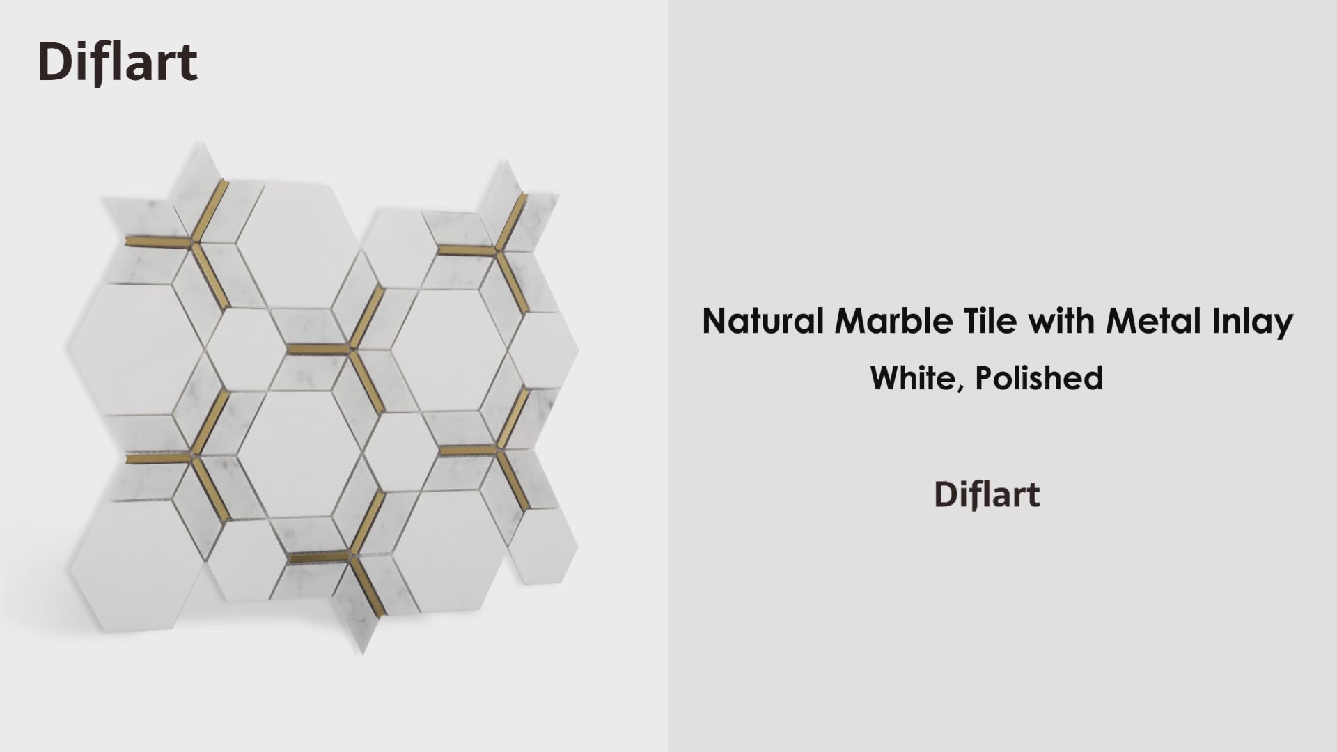Diflart Marble Mosaic Tile, Cloud Jade with Thassos White Inlay Gold Metal, Polished, Marble Backsplash Tiles for Kitchen Bathroom Wall Floor, Pack of 5 Sheets