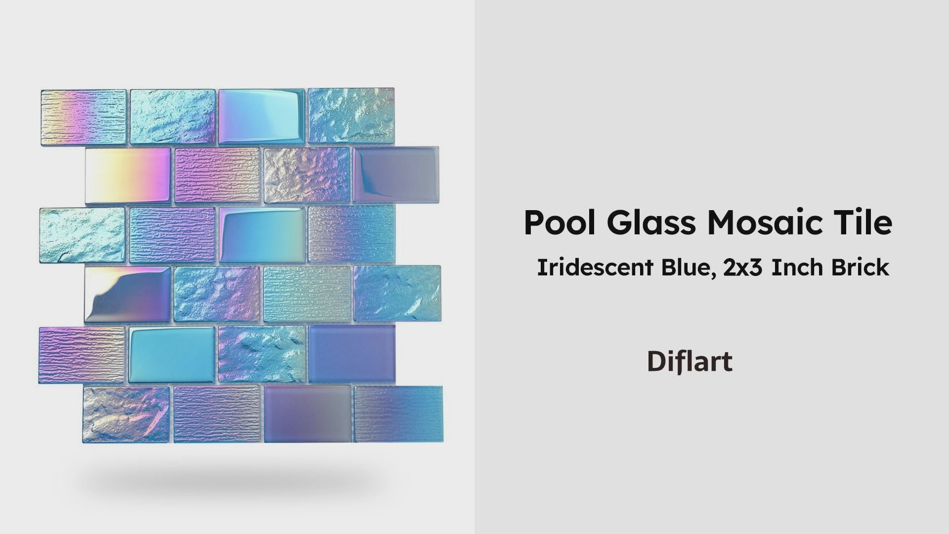 Diflart Glass Mosaic Tiles, Iridescent Blue, 2x3 Inch Brick, Glass Linear Tile for Swimming Pool, Kitchen Backsplash, Shower Bathroom Waterline Fountain Wall, Pack of 5 Sheets