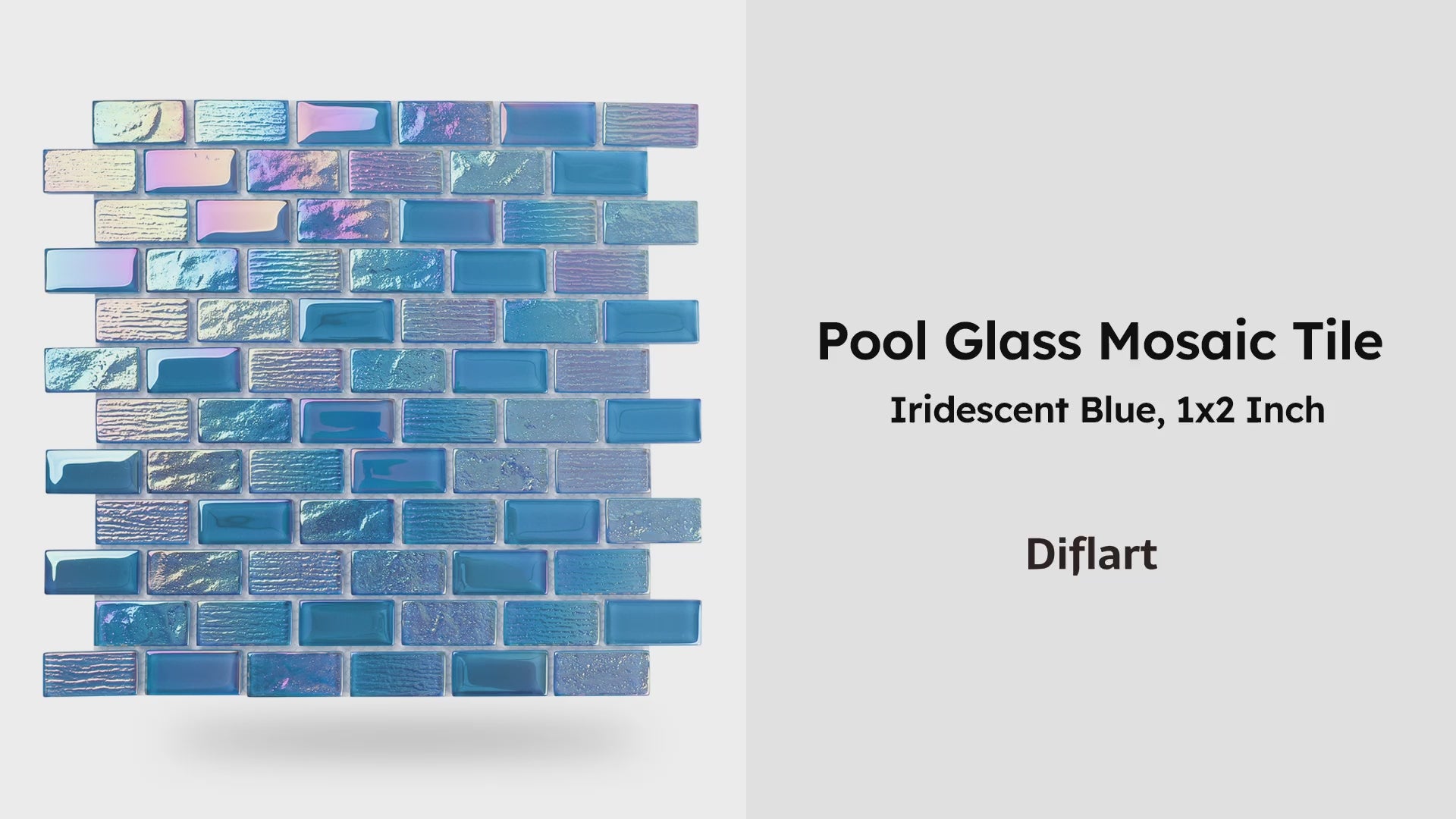 Diflart Glass Mosiac Tile, Iridescent Blue, 1x2 Inch Brick, Glass Tiles for Swimming Pool, Kitchen Backsplash, Bathroom, Shower, Fountain, Spa Wall, Pack of 5 Sheets