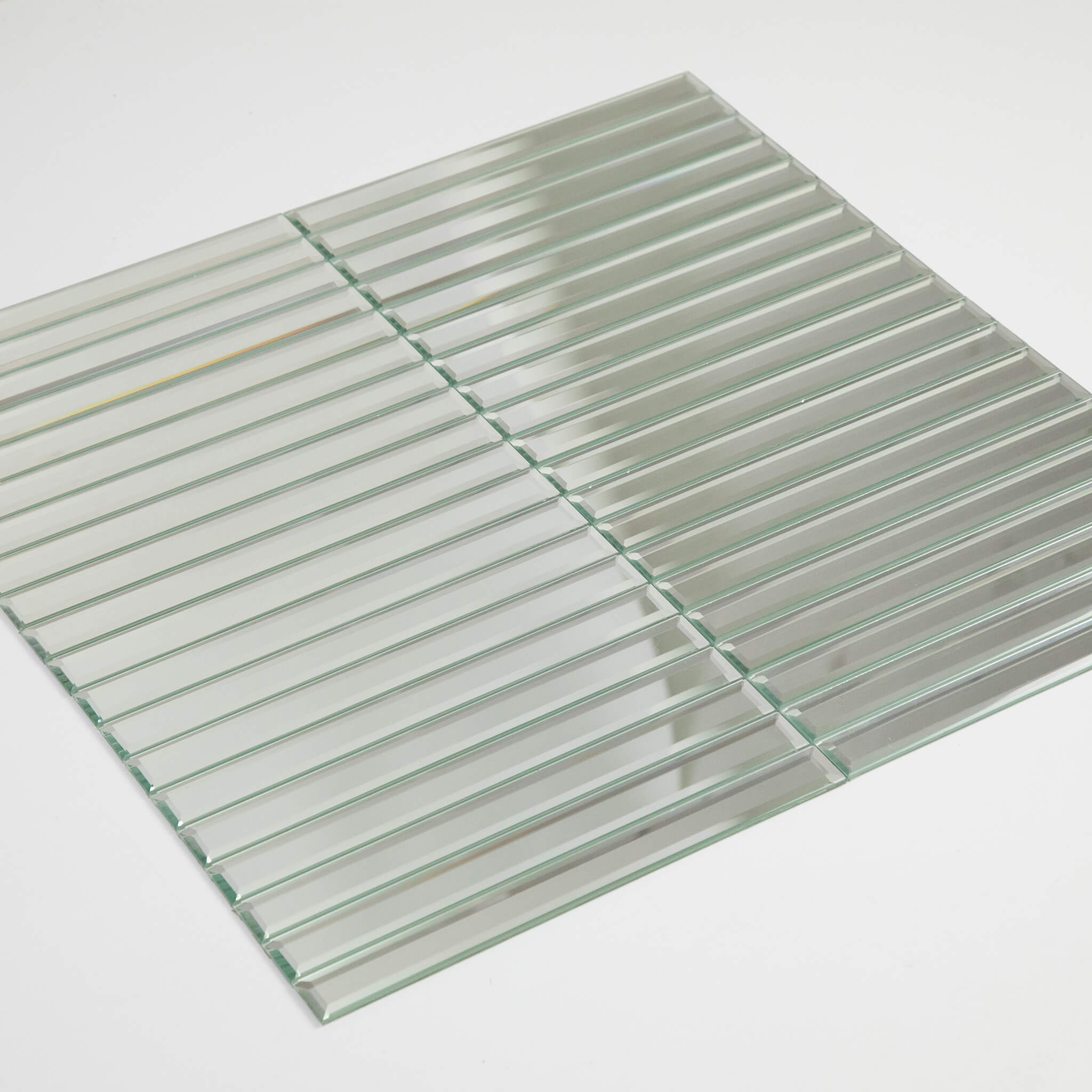 Beveled Silver Mirror Glass Subway Tile 12x12 Inch Long Strip Mesh Backing Pack of 5 sq.ft