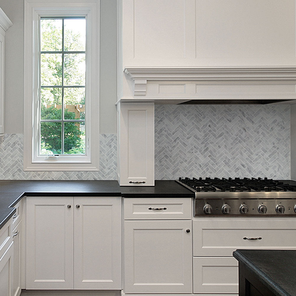 Diflart Carrara White Marble Mosaic Tile, 1x3 Inch Herringbone, Polished, Marble Backsplash Tiles for Kitchen Bathroom Wall Floor, Pack of 5 Sheets