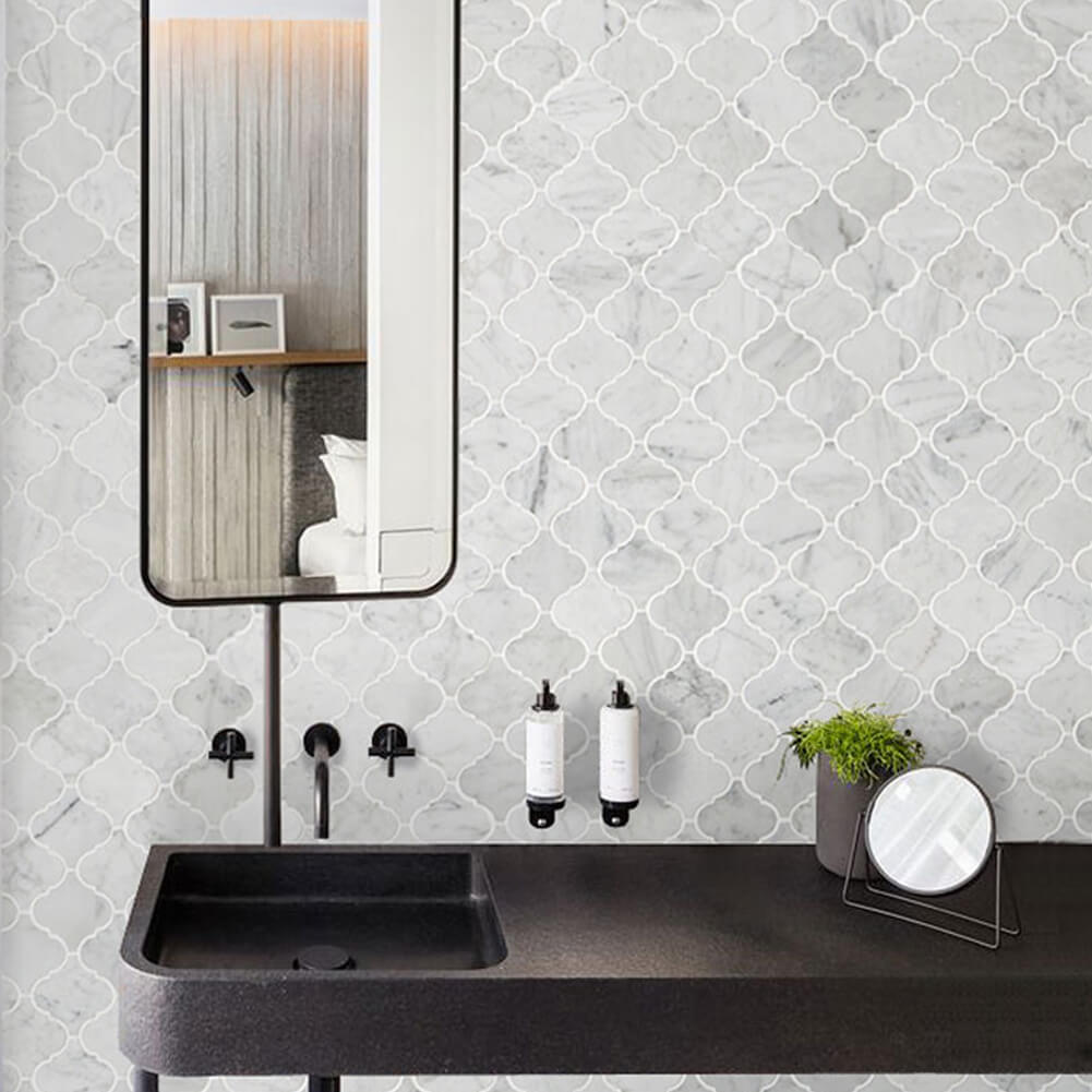 Diflart Carrara White Marble Mosaic Tile, 3 Inch Arabesque, Polished, Marble Backsplash Tiles for Kitchen Bathroom Wall Floor, Pack of 5 Sheets