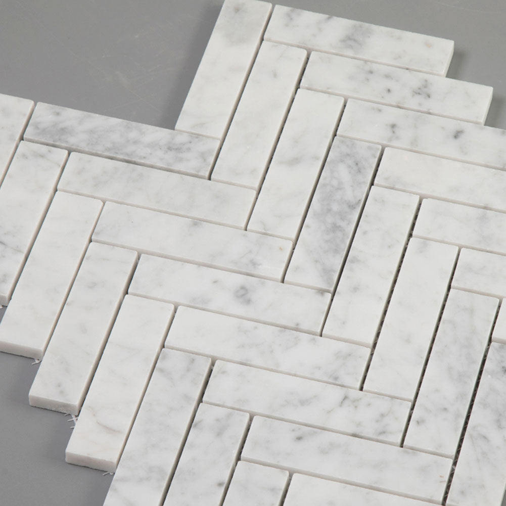 Carrara White Bianco Carrera Marble 1" x 4" Herringbone Mosaic Tile Pack of 5 Sheets