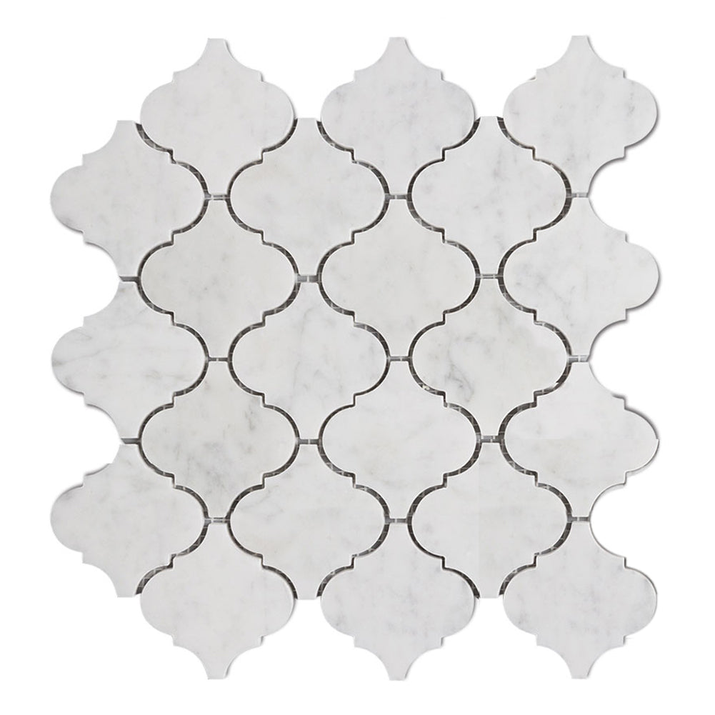 Carrara White Bianco Carrera Marble 3" x 3" Arabesque Polished Mosaic Tile Pack of  5 Sheets