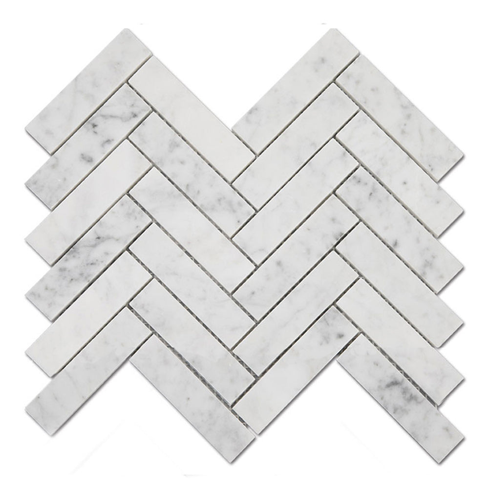 Carrara White Bianco Carrera Marble 1" x 4" Herringbone Mosaic Tile Pack of 5 Sheets