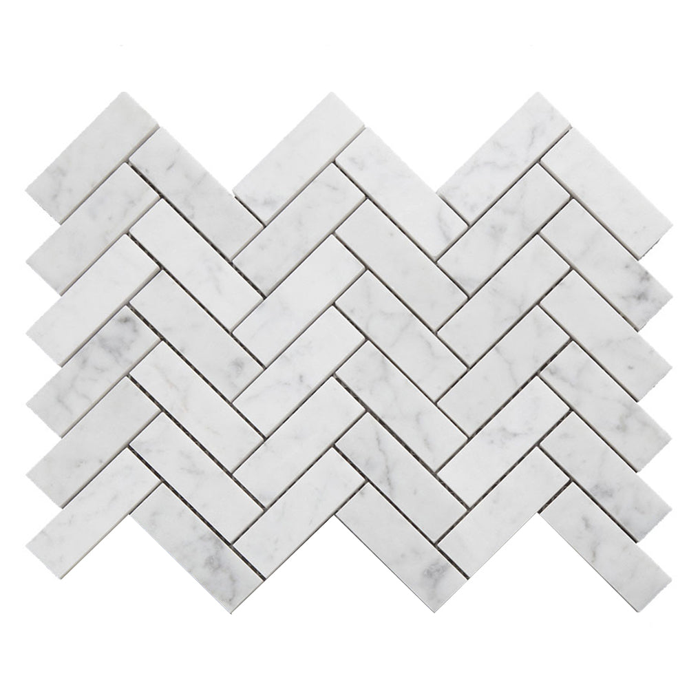 Carrara White Bianco Carrera Marble 1" x 3" Herringbone Mosaic Tile Pack of 5 Sheets