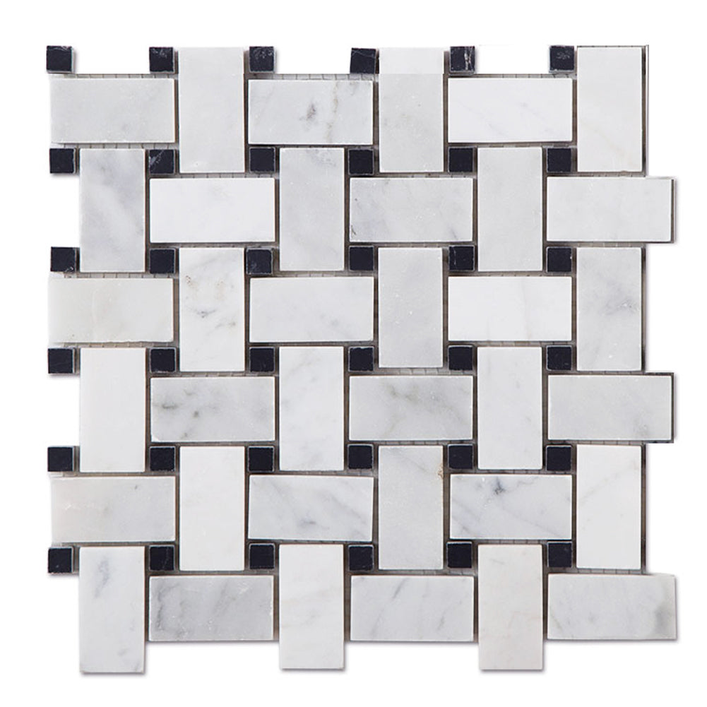 Carrera Marble 1" × 2" Basketweave Mosaic Tile with Black Dots Polished Pack of  5 Sheets