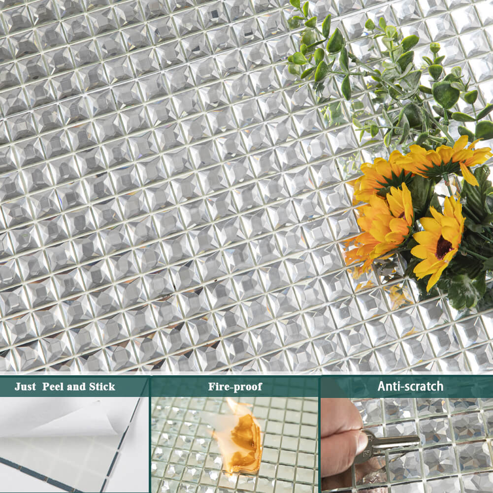 Peel and Stick Mirror Glass Crystal Backsplash 17 Facets Mosaic Tile  Pack of 5 Sheets