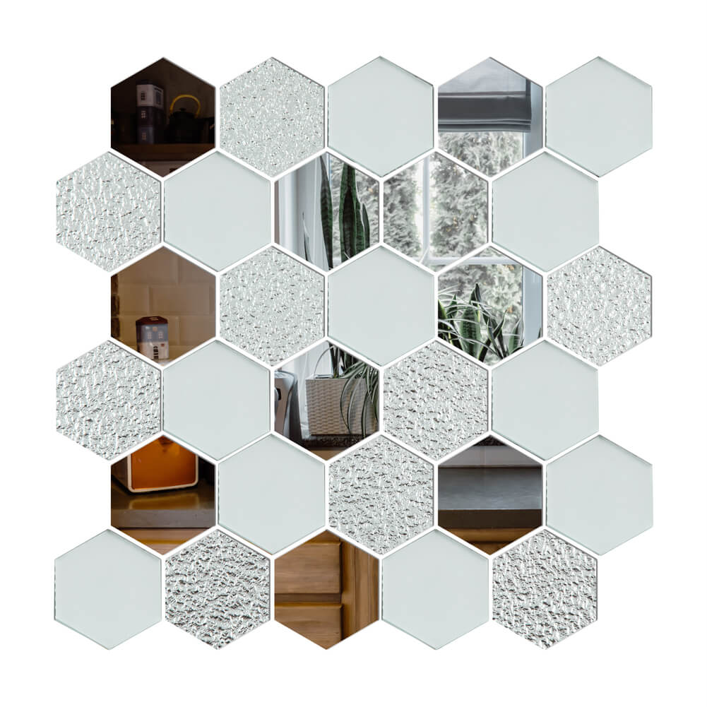 Peel and Stick Silver Mirror Glass Hexagon Mosaic Tiles Pack of 6 Sheets