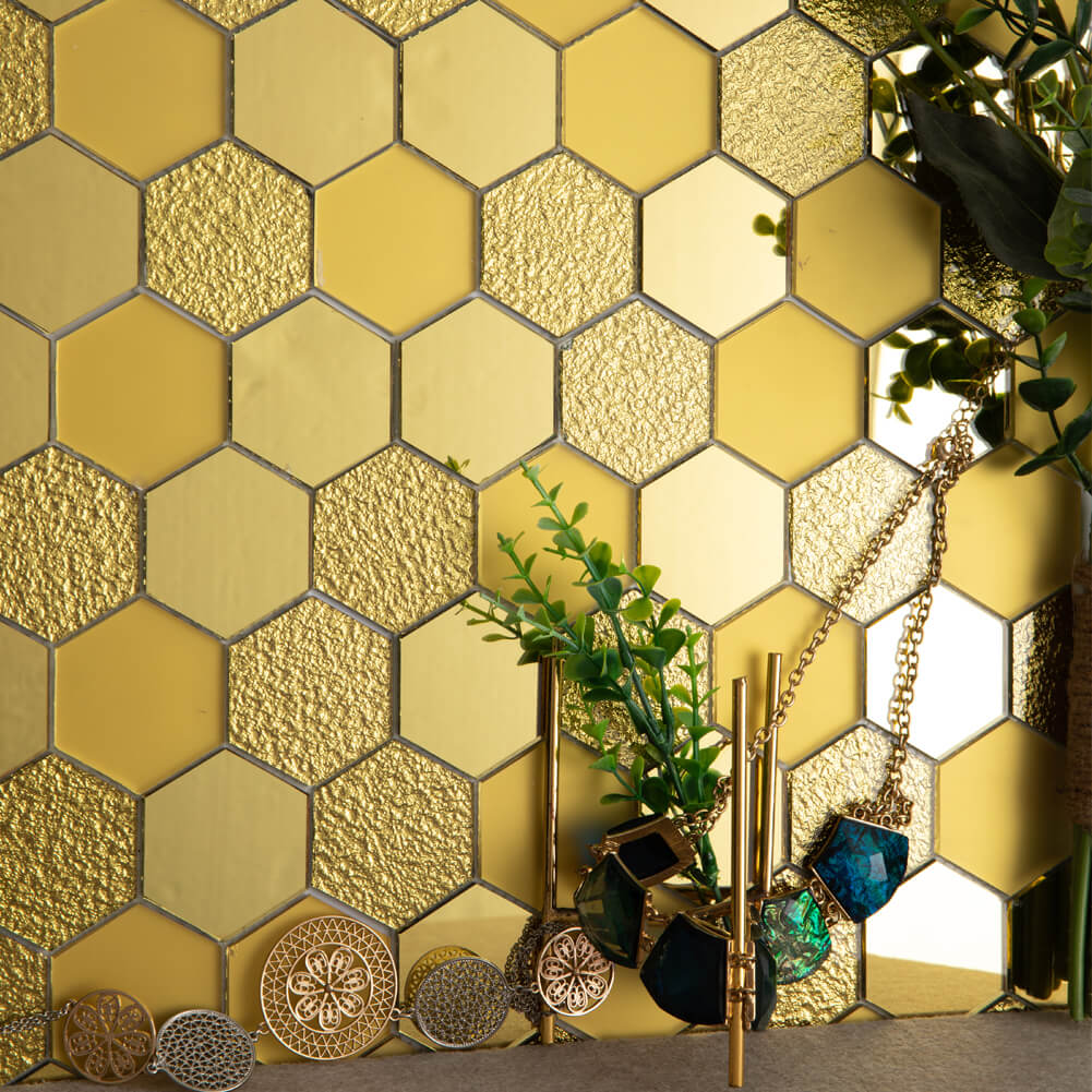 Peel and Stick Gold Mirror Glass Hexagon Mosaic Tiles Pack of 6 Sheets