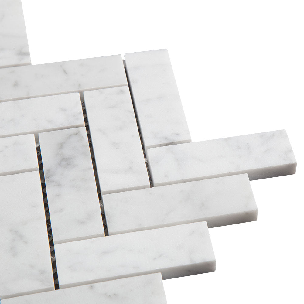 Carrara White Bianco Carrera Marble 1" x 3" Herringbone Mosaic Tile Pack of 5 Sheets