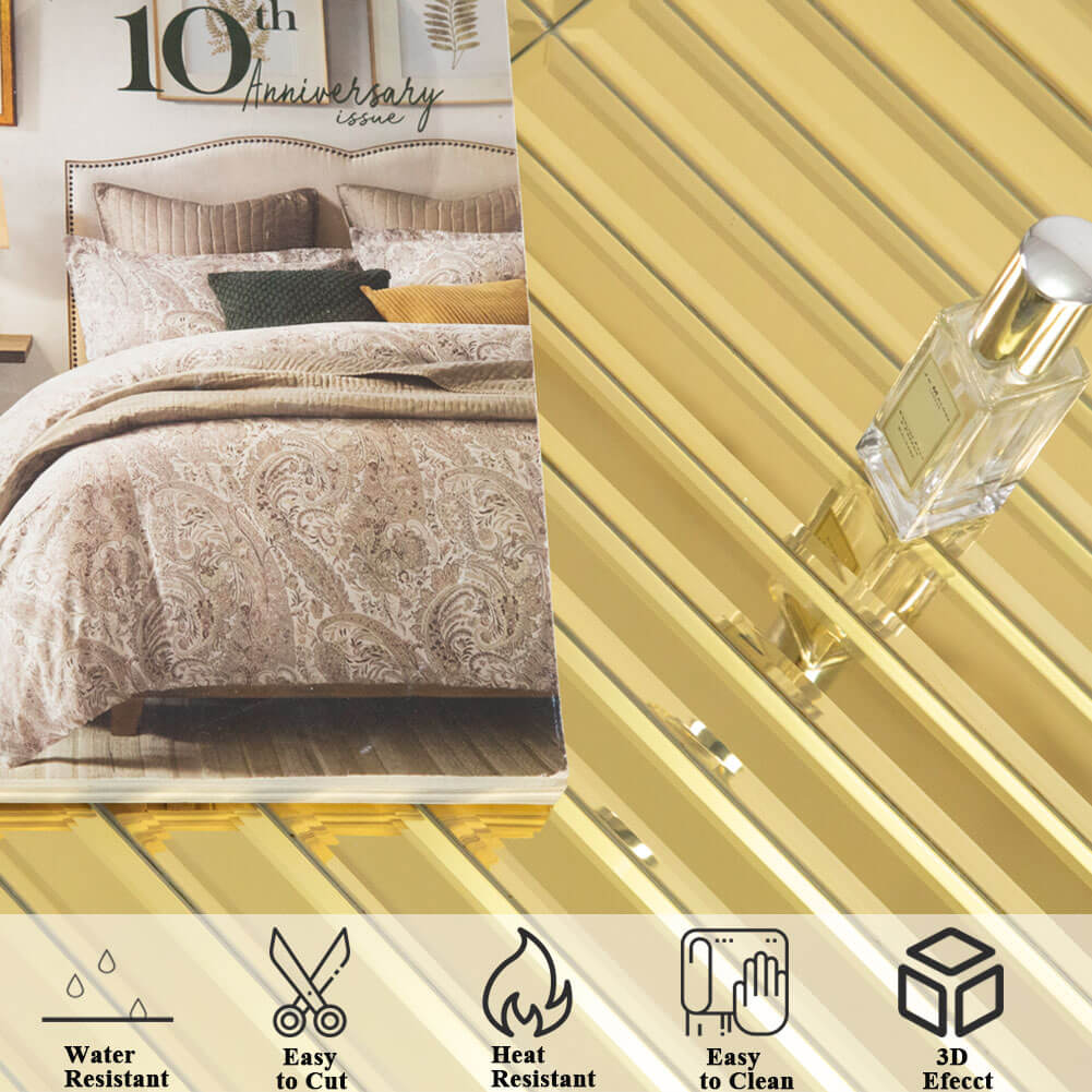Diflart Beveled Mirror Backsplash Tiles for Kitchen, Gold Strip, 12x12 Inch, Mirror TIile for Bathroom Wall (5 Sheets,5 Sq.ft)