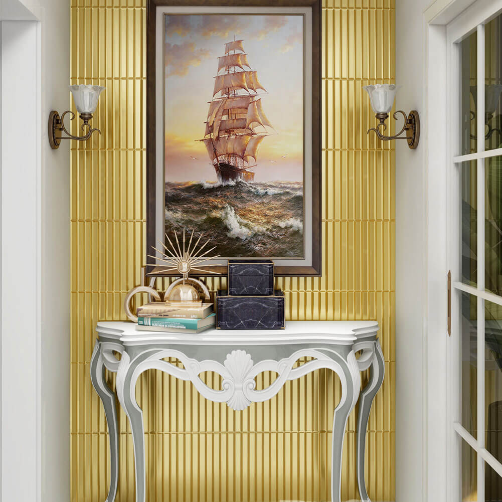 Diflart Beveled Mirror Backsplash Tiles for Kitchen, Gold Strip, 12x12 Inch, Mirror TIile for Bathroom Wall (5 Sheets,5 Sq.ft)