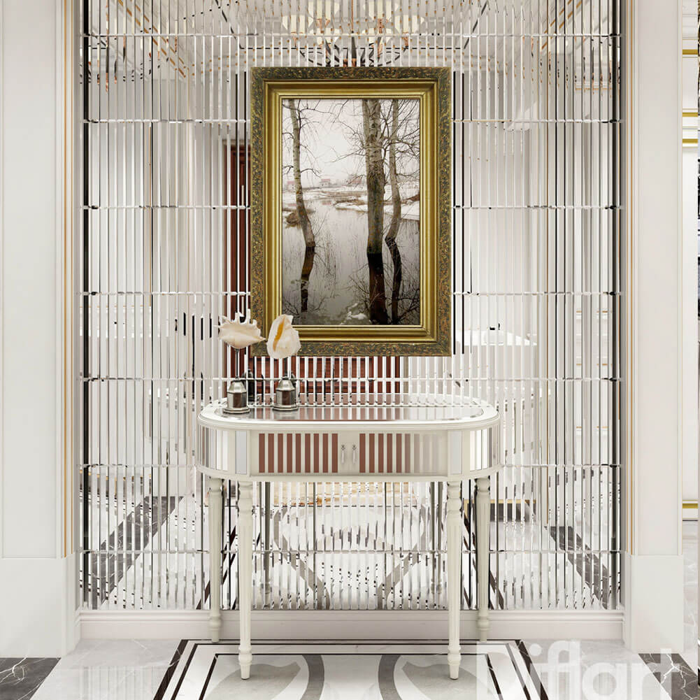 Diflart Beveled Mirror Backsplash Tiles for Kitchen, Silver Strip, 12x12 Inch, Mirror TIile for Bathroom Wall (5 Sheets,5 Sq.ft)