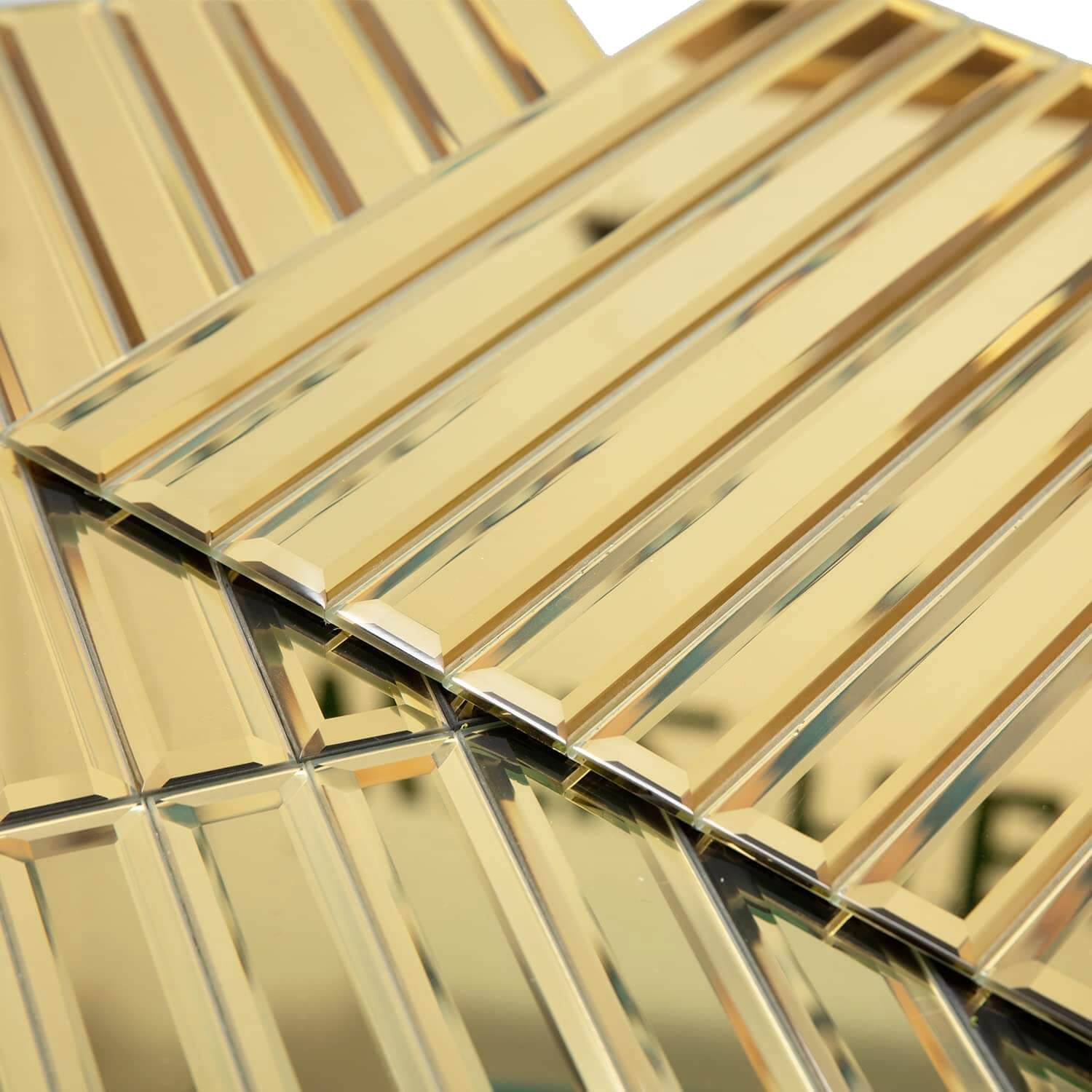 Peel and Stick Beveled Gold Mirror Glass Subway Tile 12 x 12 Inch Long Strip Pack of 5  Sheets